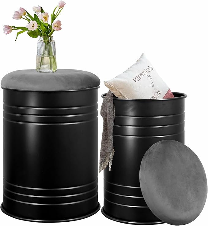 Metal Barrel Ottoman Storage Stool Set of 2, Rustic Accent Side Table