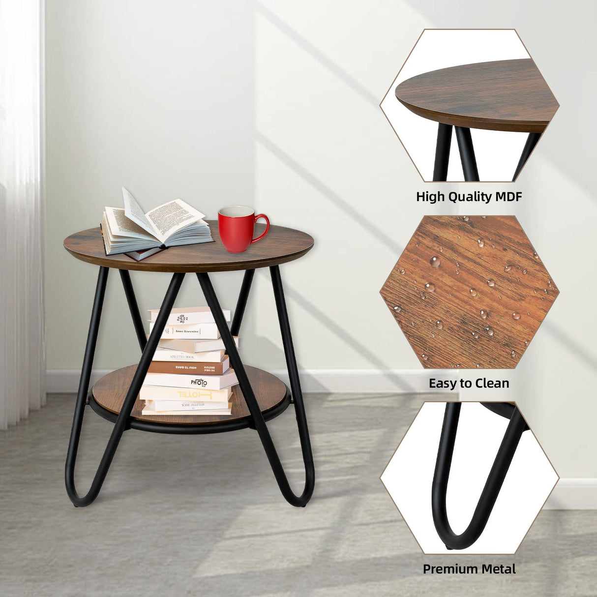 2-Tier Round Side Table, Small End Table with Metal Legs, Industrial Wood Beside Table