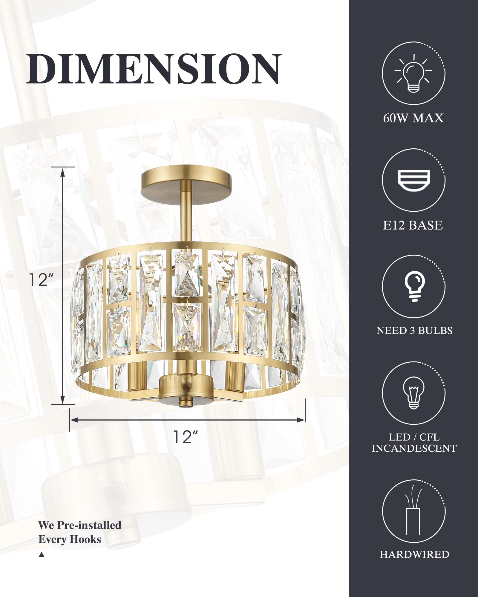 Mount Ceiling Light, 12 Inch Crystal Gold Light Fixture, 3-Light Modern Chandelier