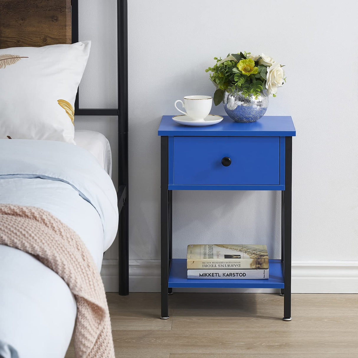 Modern Side End Table, Nightstand Storage Shelf with Bin Drawer for Living Room,