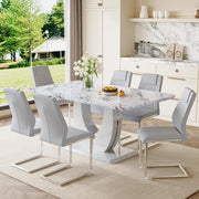 Modern 7-Piece Dining Set - 63" Faux Marble Table with 6 Upholstered Chairs
