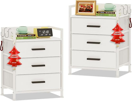 3 Drawer Dresser, 11"D x 15.6"W x 21"H, Set of 2 Side Table with Fabric Drawers, End Table with Open Shelf, Small Dresser for Kids Closet Bedroom, Guest Room (White, 2 Set with Charger)