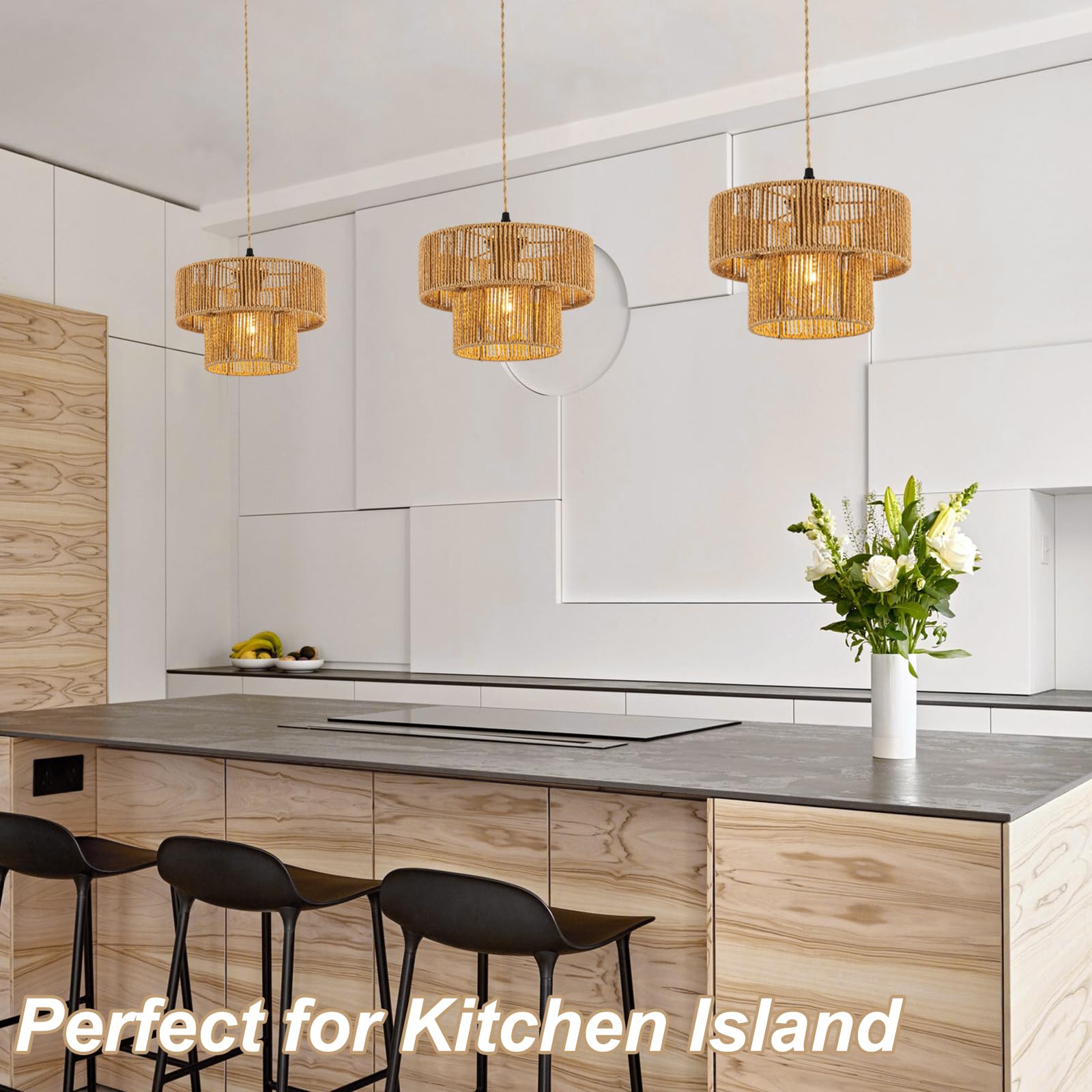 Farmhouse Rattan Pendant Light Fixture Vintage Boho Hand-Woven Bamboo Pendant