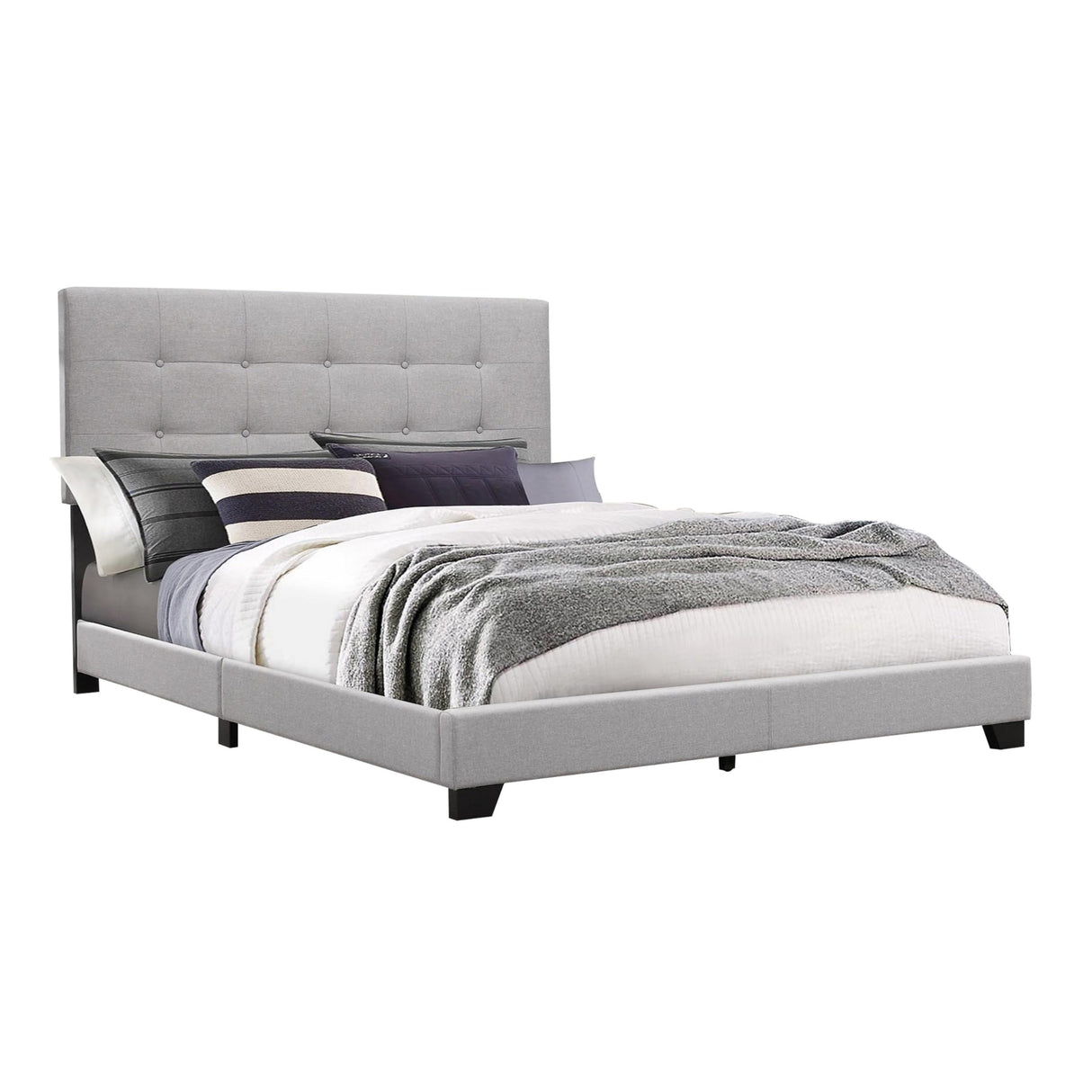 California King Size Bed, Light Button Tufted Upholstery, Gray and Black