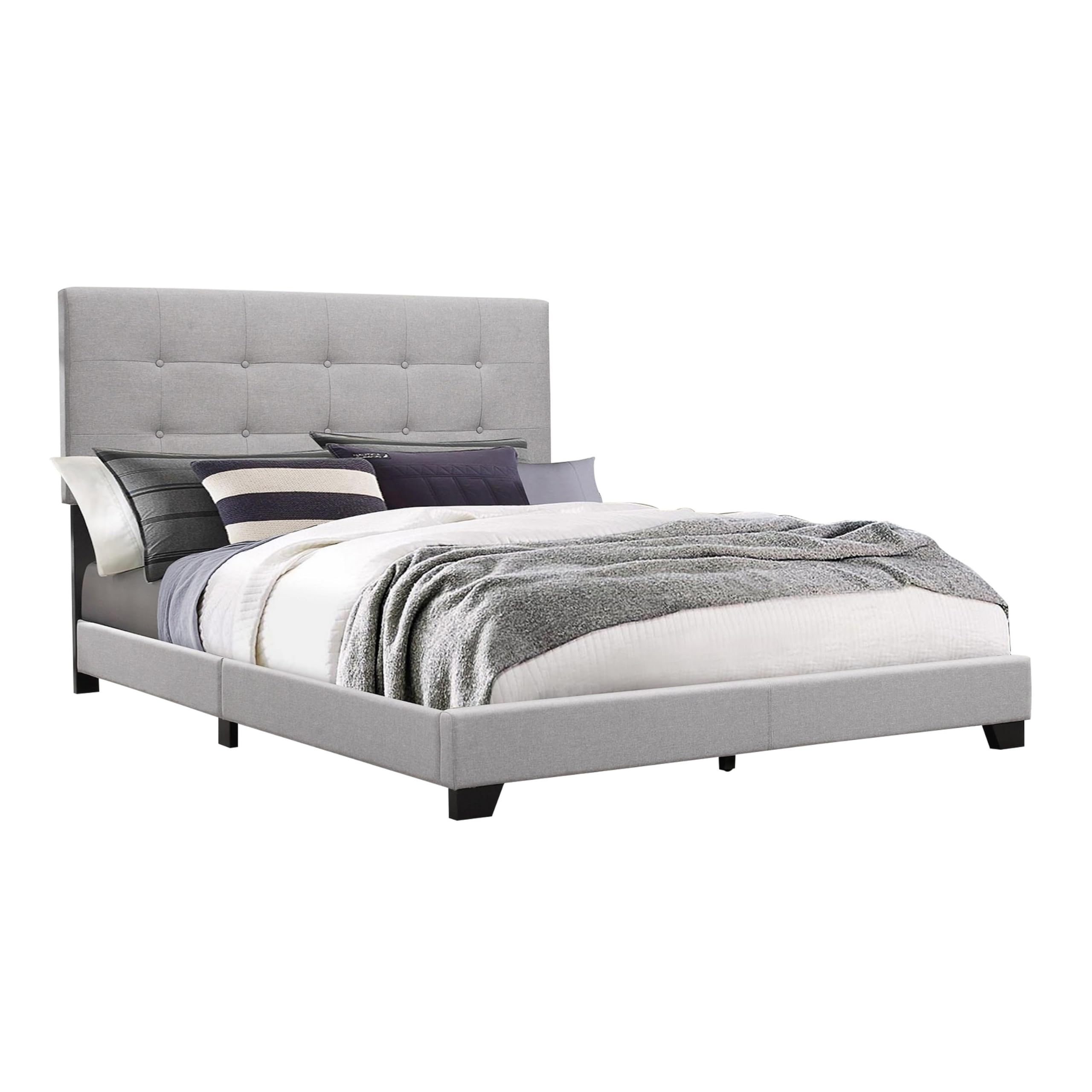 California King Size Bed, Light Button Tufted Upholstery, Gray and Black