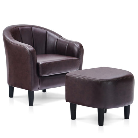 Accent Chair with Ottoman, Faux Leather Upholstered Barrel Chair Club Armchair