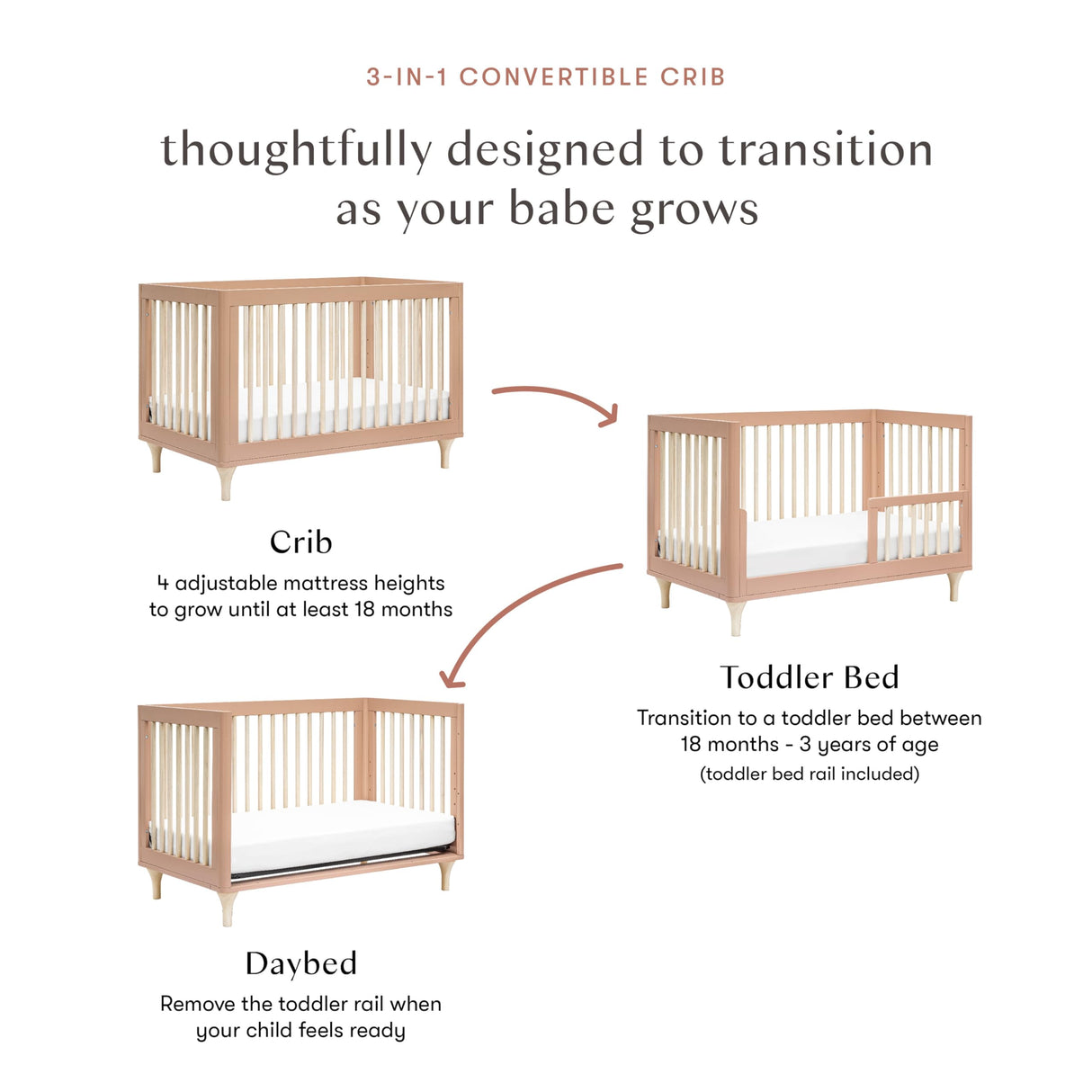 3-in-1 Convertible Crib with Toddler Bed Conversion Kit in Canyon/Washed Natural,