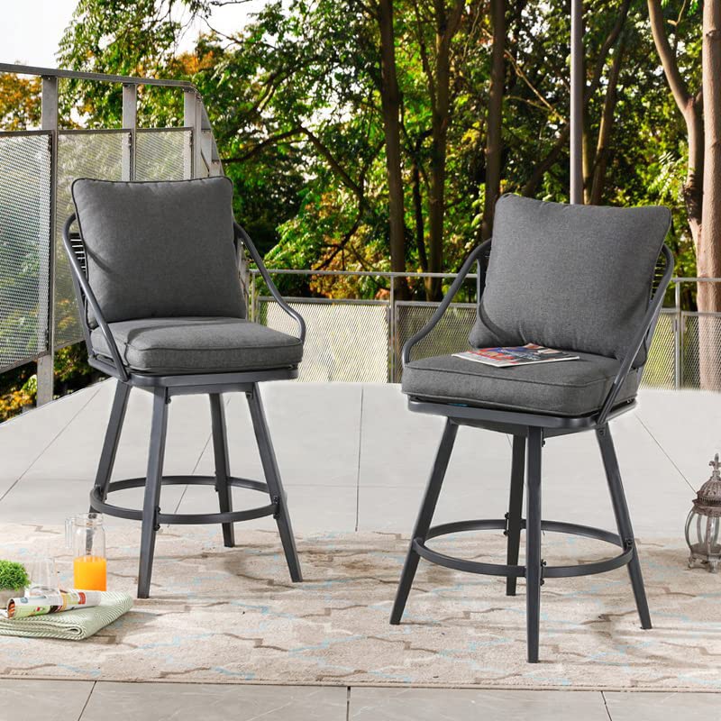 Outdoor Swivel Bar Stools Set of 2,Bar Height Patio Chairs Cushioned Metal