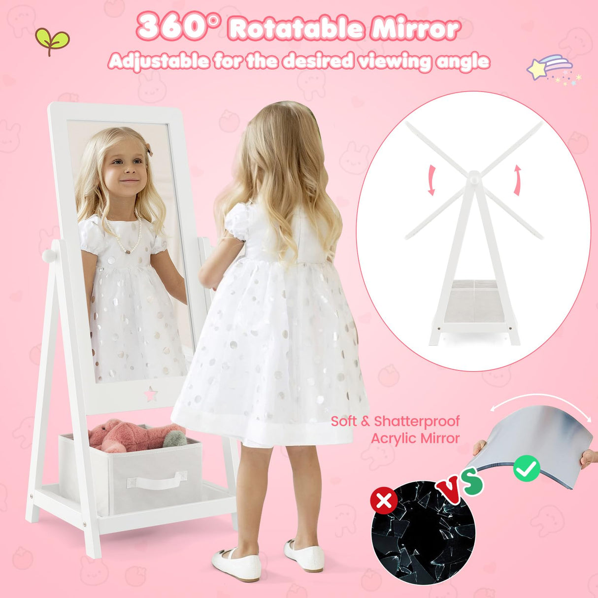 Kids Full Length Mirror, Princess Floor Free Standing Mirror w/Storage Shelf & Basket