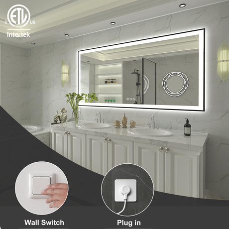 88x38 Black LED Mirror for Bathroom Wall, Big Lighted Vanity Mirrors with LED Lights