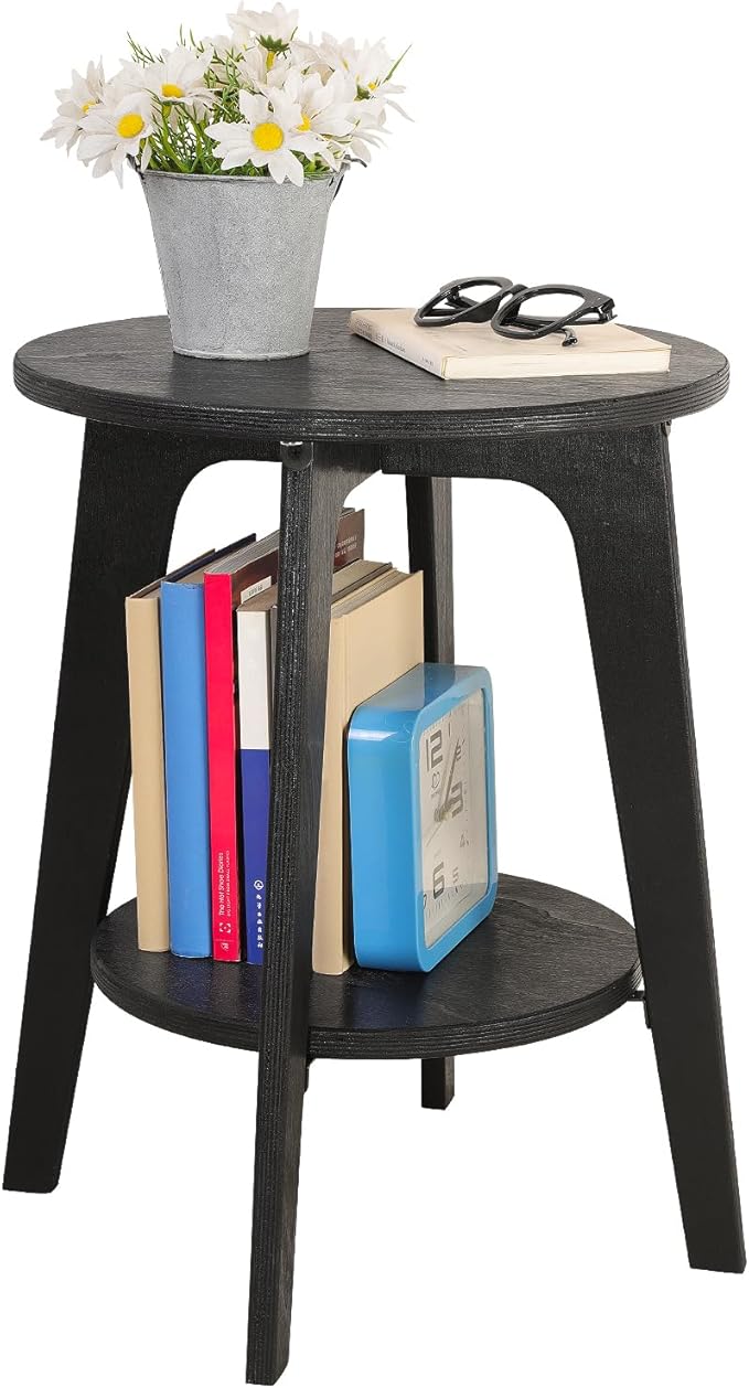 Round End Table Small Farmhouse Accent Side Table with Storage Shelf