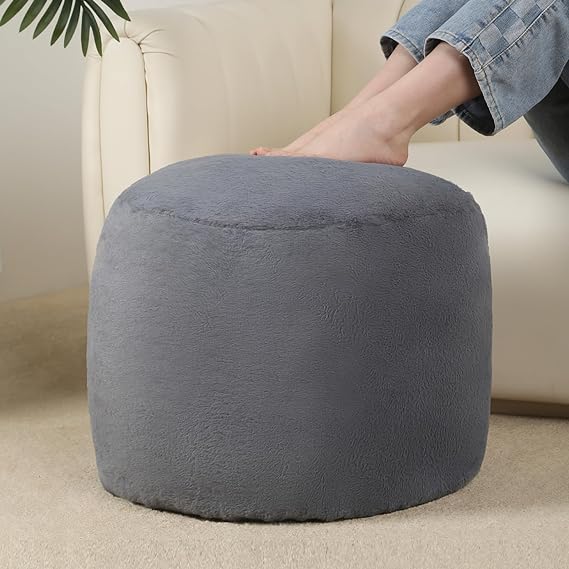 Round Stuffed Pouf Ottoman, Long Faux Fur Poufs with Foam Chunk Filling