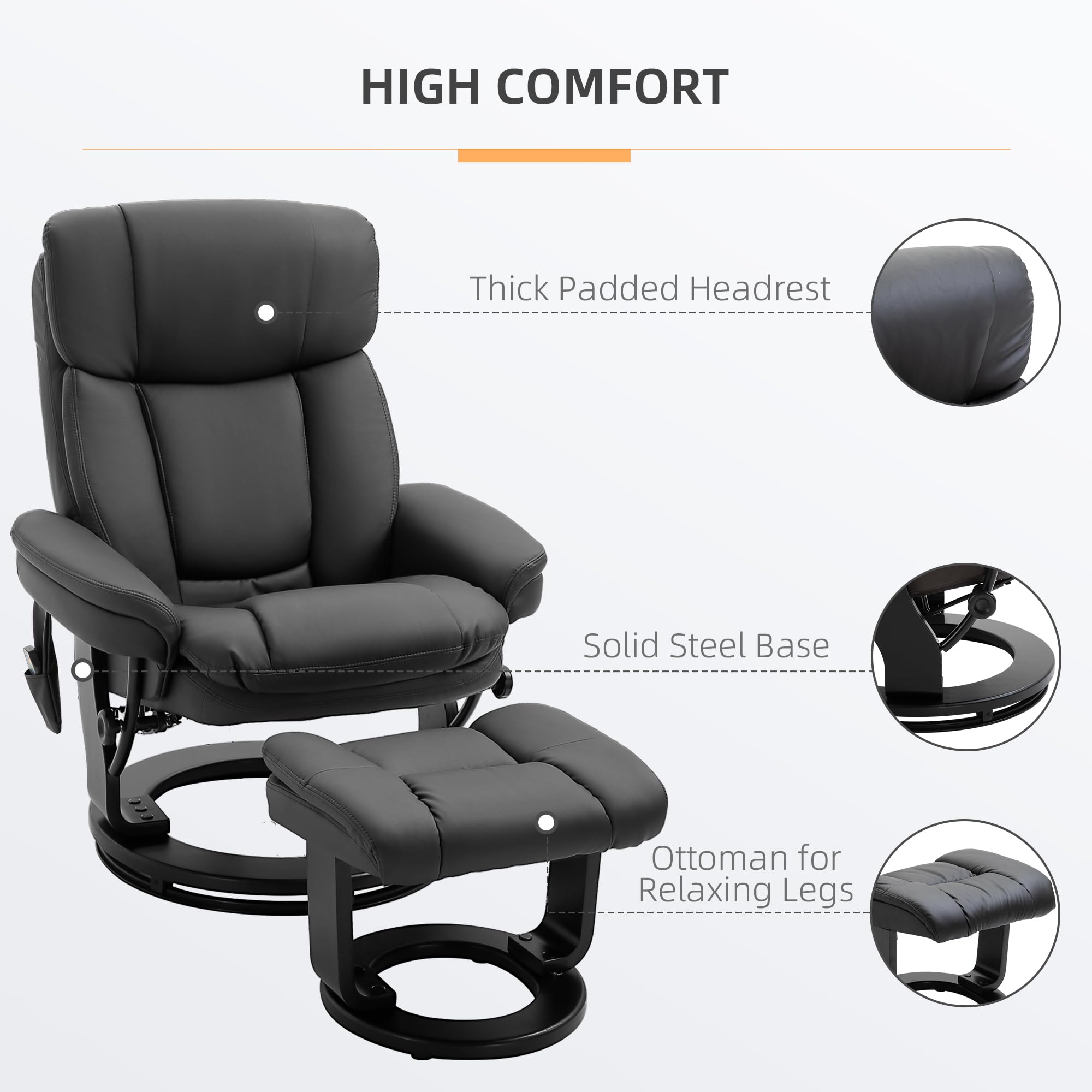 PU Leather Massage Recliner Chair with Ottoman 10 Point Vibration Swiveling Armchair,