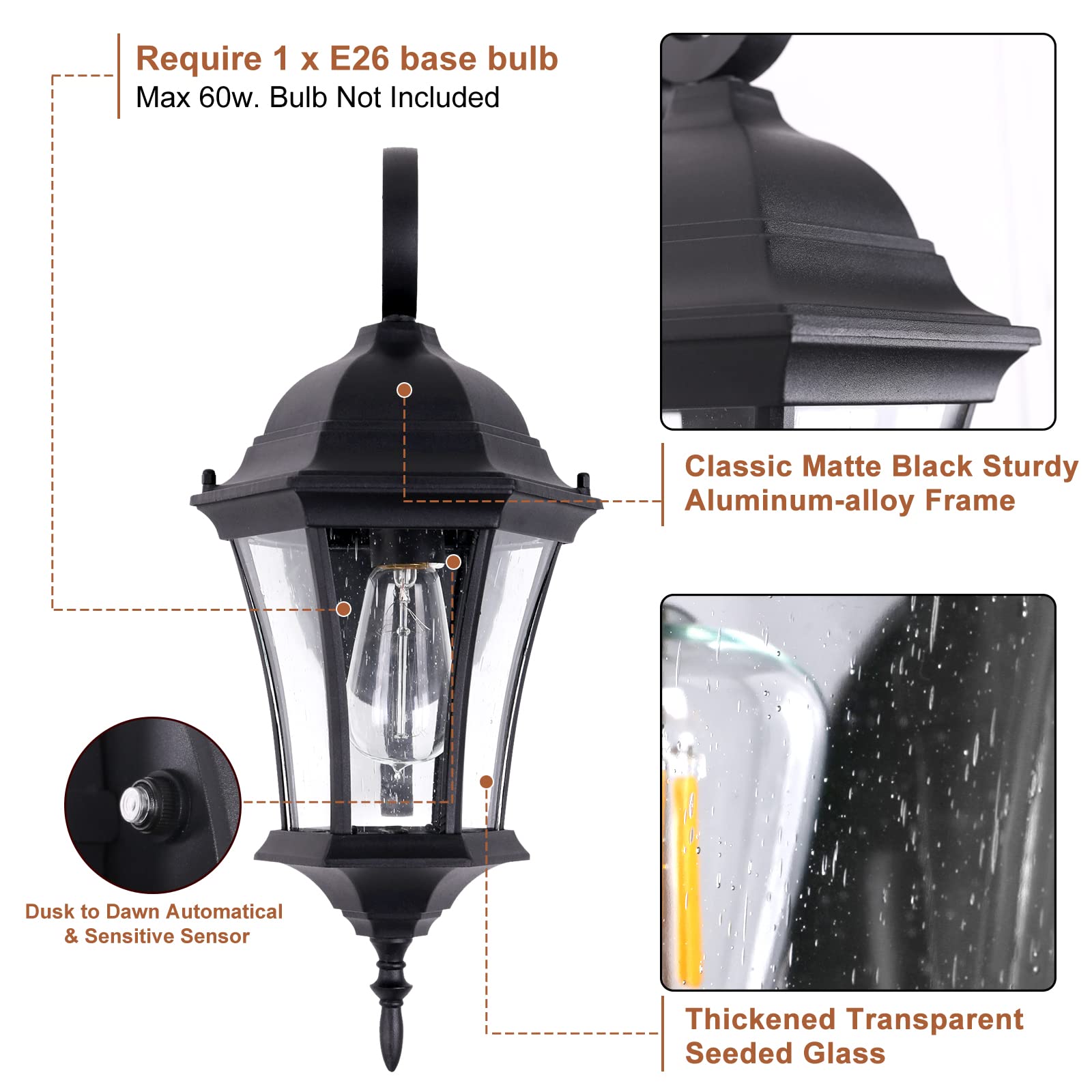 GOALPLUS 18in High Outdoor Porch Wall Lantern with Dusk to Dawn Sensor 2 Pack Exterior Doorway Coach Light Wall Mount for House, Large Photocell Sensor Outside Garage Entrance Wall Sconce for Yard