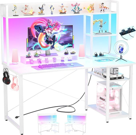 Gaming Desk with Hutch, 47'' Computer Desk with LED Lights & Power Outlets,