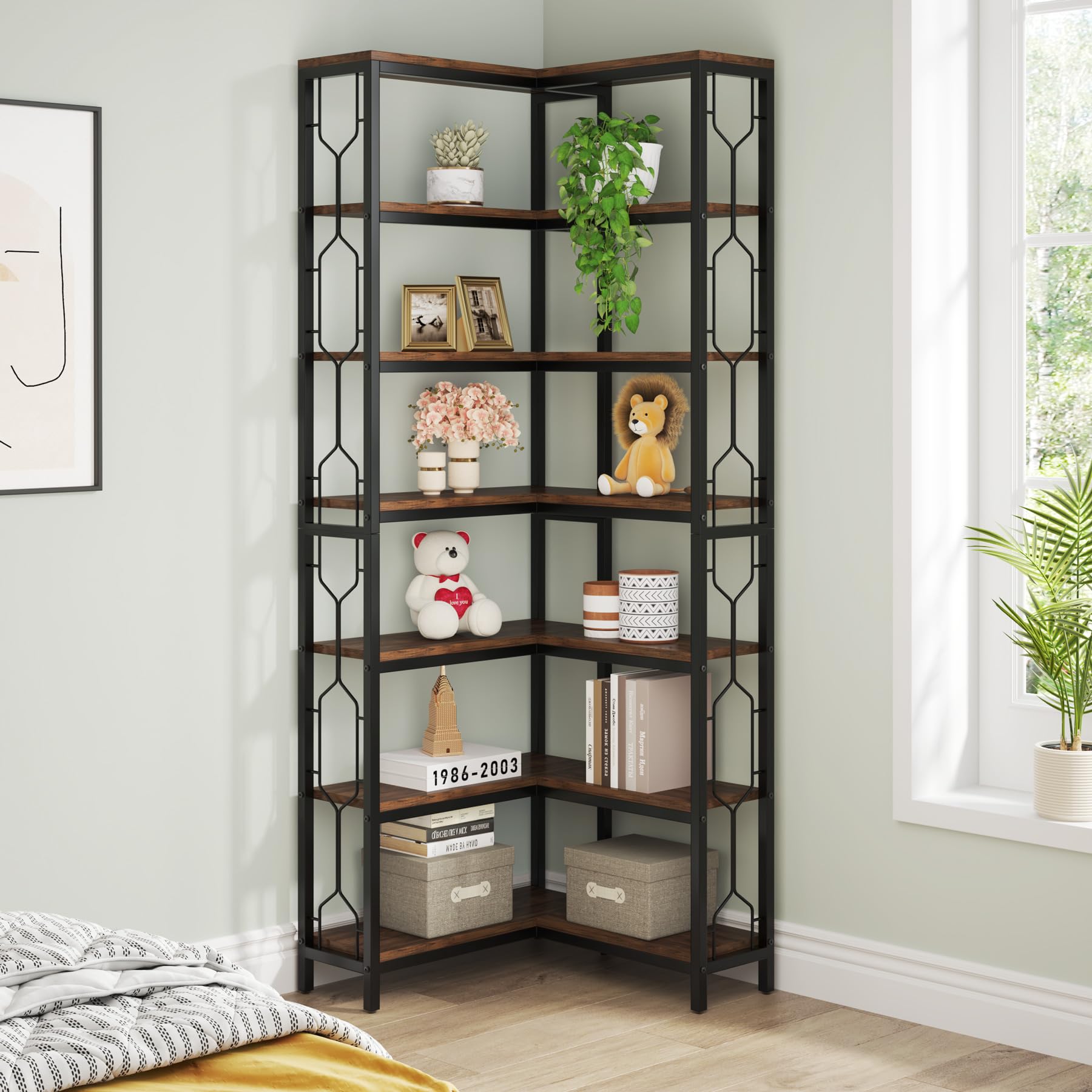 Corner Shelf, 7-Tier Industrial Corner Bookshelf, Wood and Metal Corner Etagere Bookcase