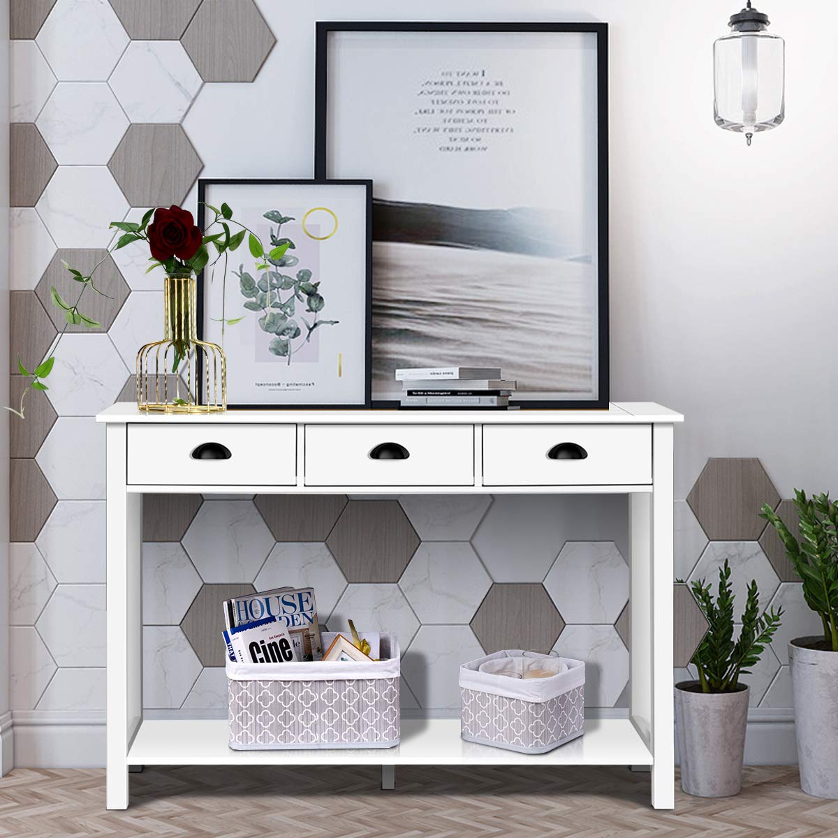 Console Table with 3 Drawers, Sofa Side Table with Shelf