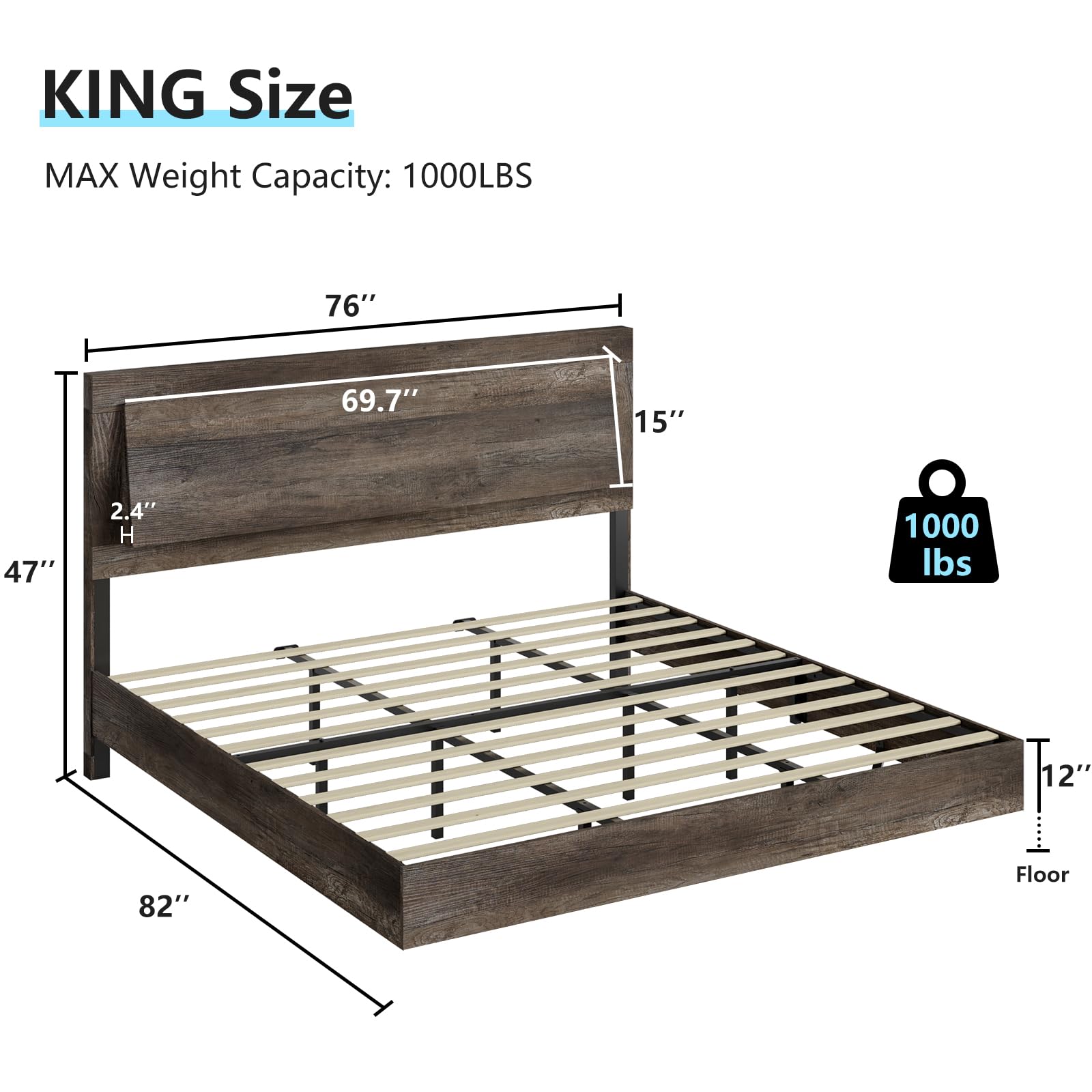 King Size Floating Platform Bed Frame with LED Light and Headboard