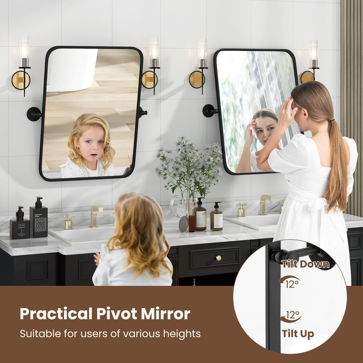 30x22 Pivot Tilting Bathroom Mirror - Black Framed Wall Mounted