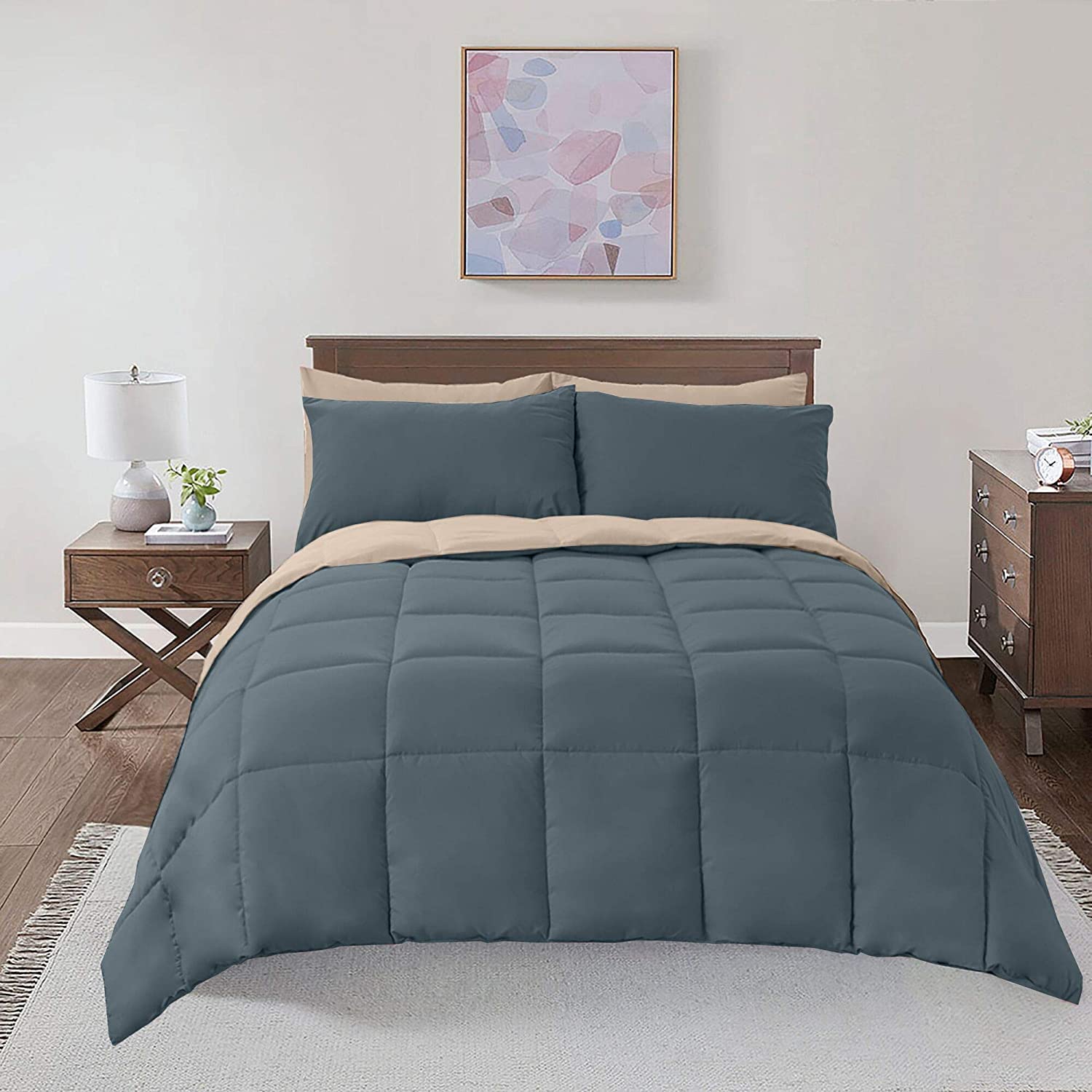 Royal Hotel Bedding Soft and Plush Down Alternative Comforter - Reversible with 2 Colors Duvet Insert Comforter - Hypoallergenic Hotel Plush Down-Alternative - Twin XL, Taupe and Navy-Blue