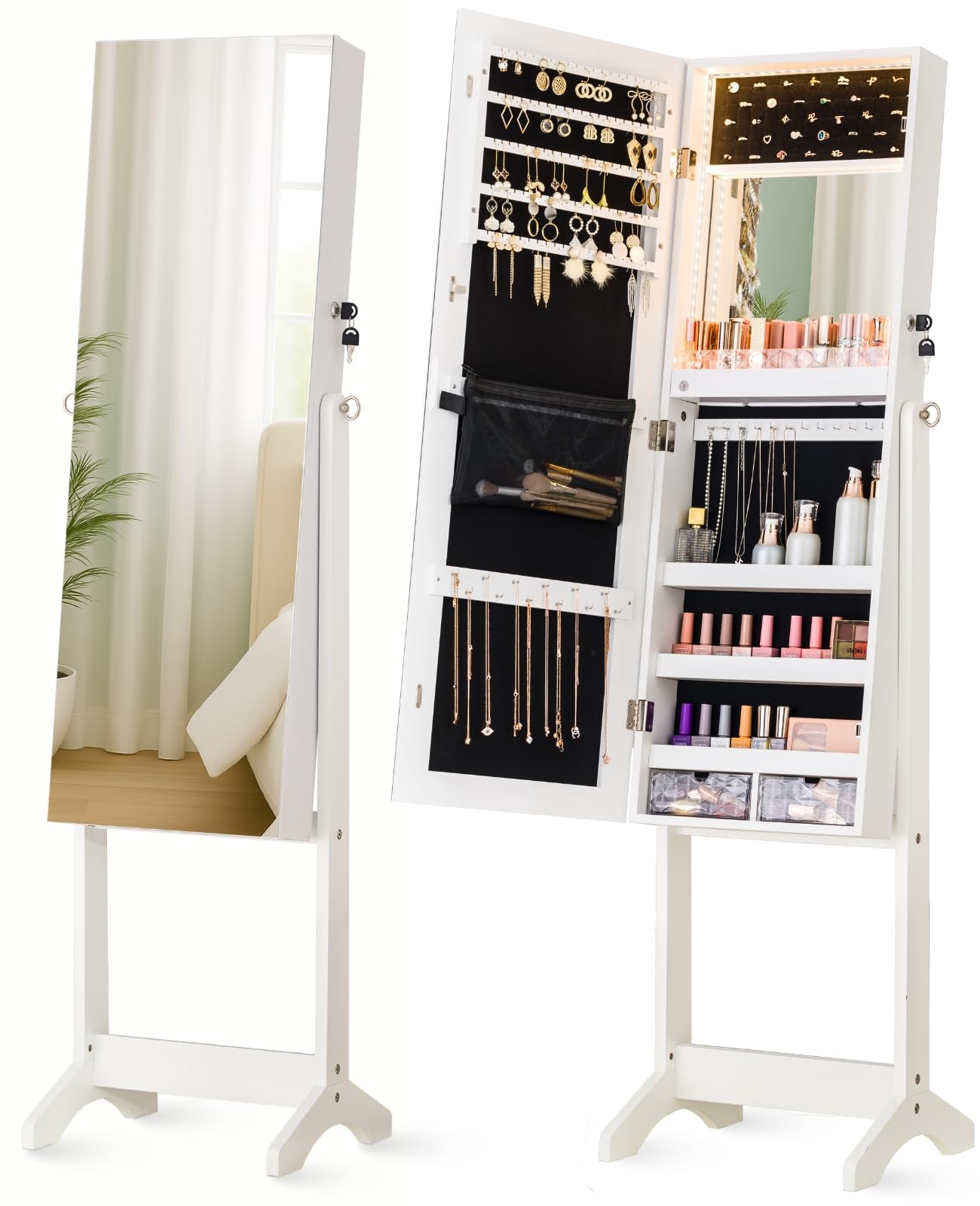 LED Full Length Mirror Jewelry Cabinet with Storage - 60 Inch Standing Armoire