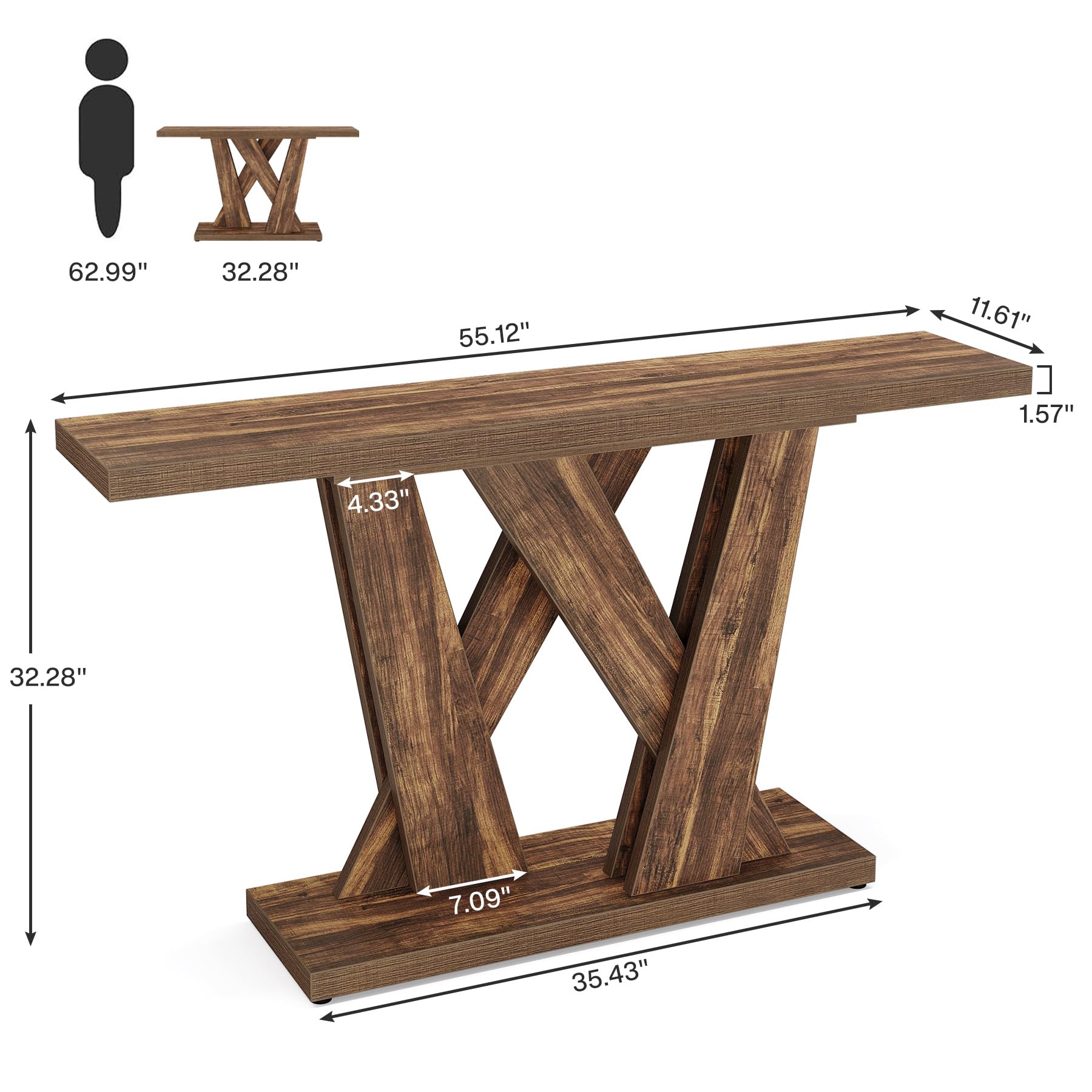 55-Inch Farmhouse Console Table with Geometric Base - Rustic Brown