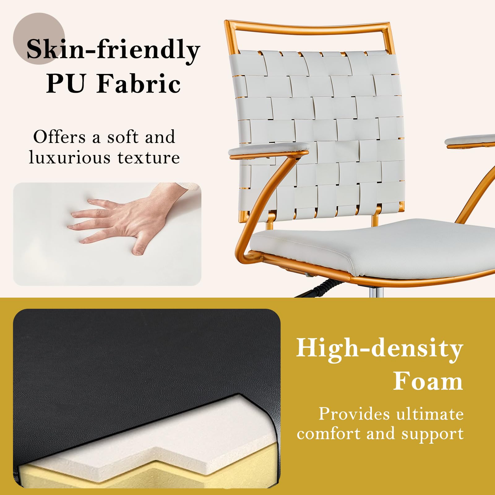 Gold Accent Office Chair with Wheels - White Adjustable Swivel Desk Chair