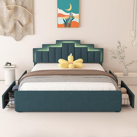 Full Size Bed Frame with Adjustable Headboard, Upholstered Platform Bed with 4 Stoarge Drawers and LED Lights, 60,000 Color, App or Remote Control, Easy Assembly, Dark Green