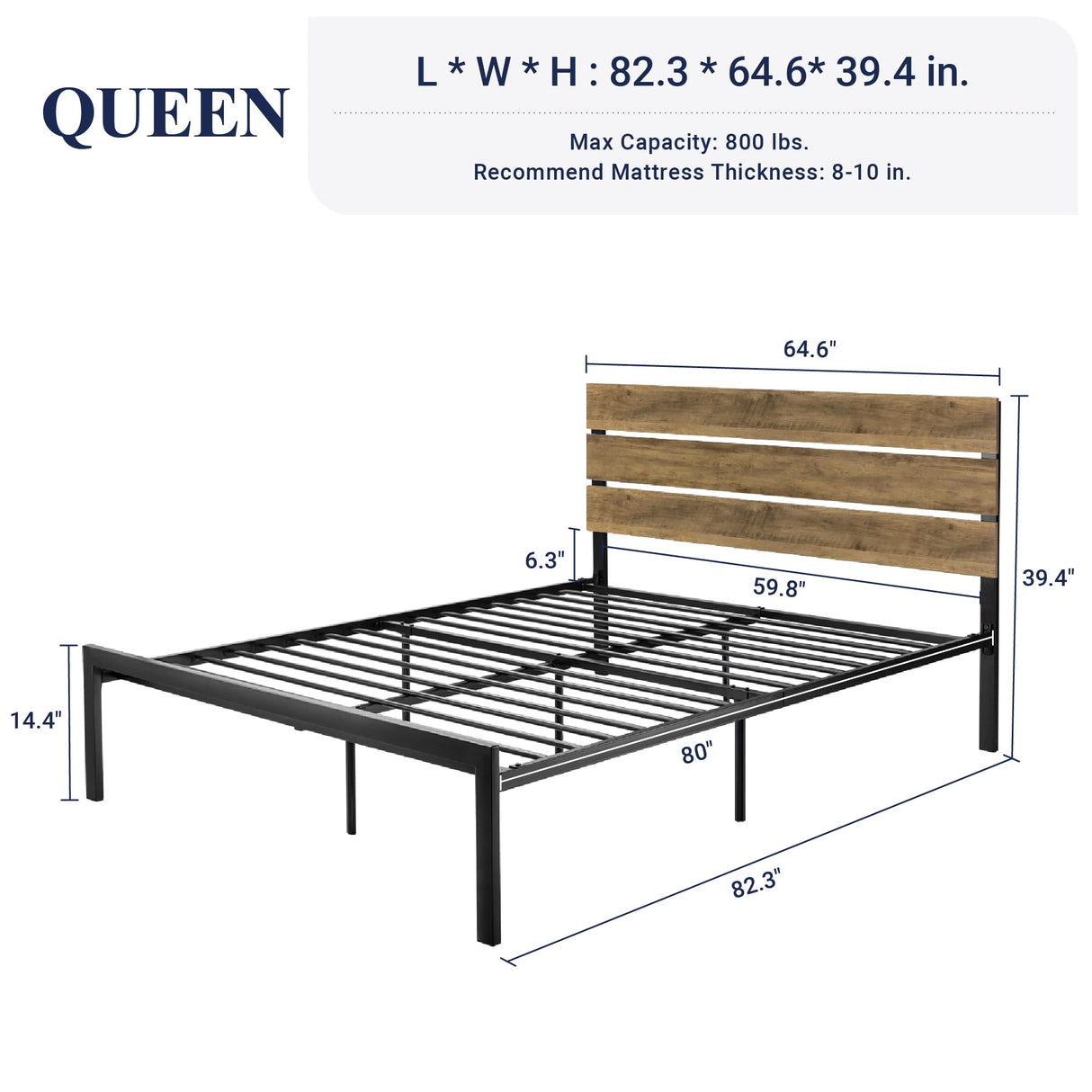 Queen Size Platform Bed Frame with Wooden Headboard and Metal Slats/Rustic Country