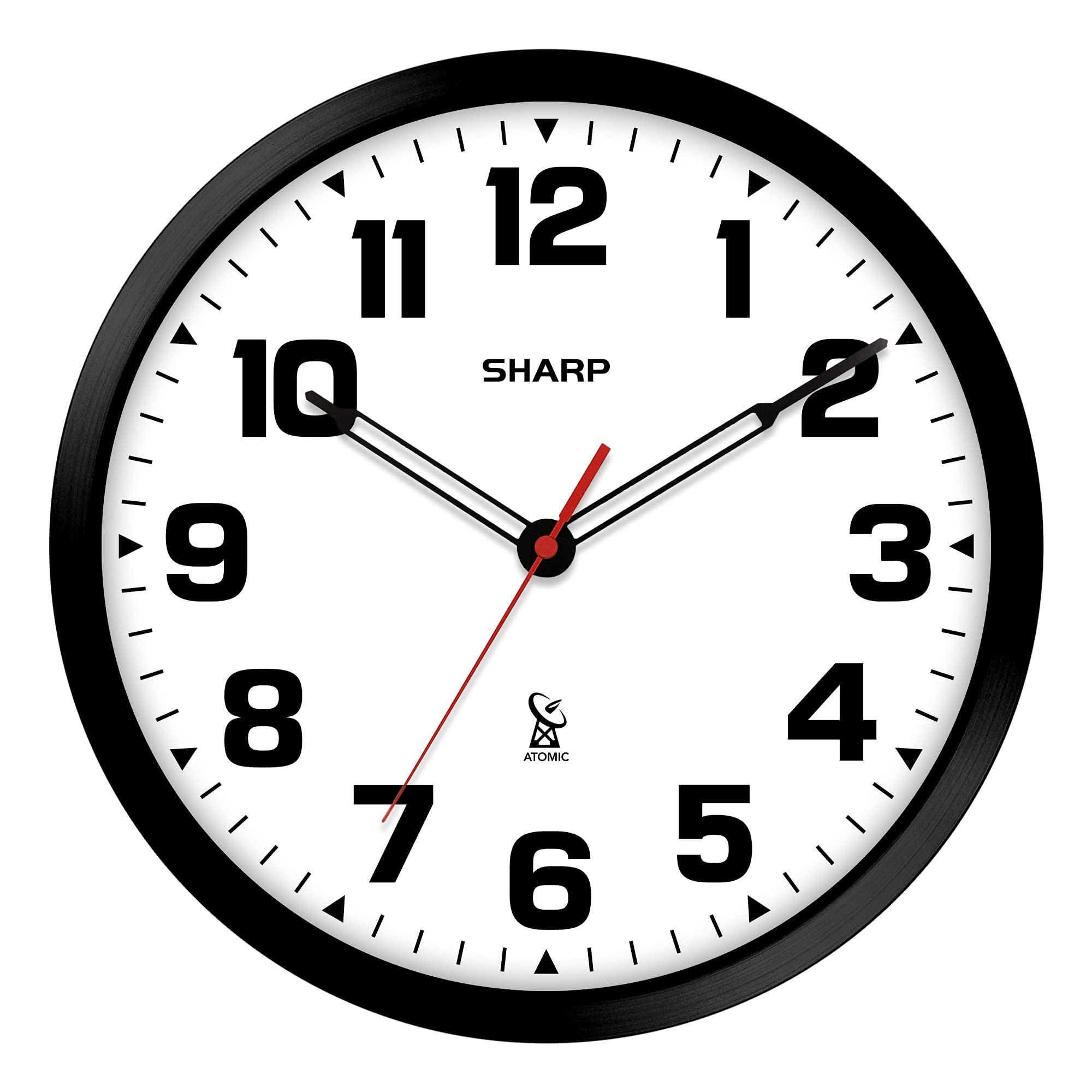 Atomic Analog Wall Clock - 12" Black Stylish Frame - Sets Automatically- Battery Operated