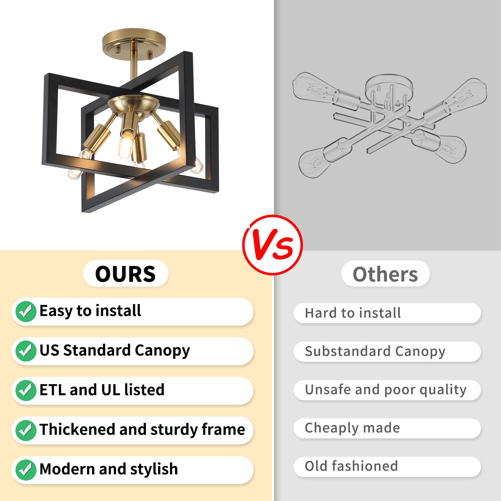 Semi-Flush Mount Ceiling Light - Black and Gold Industrial 4-Light Fixture