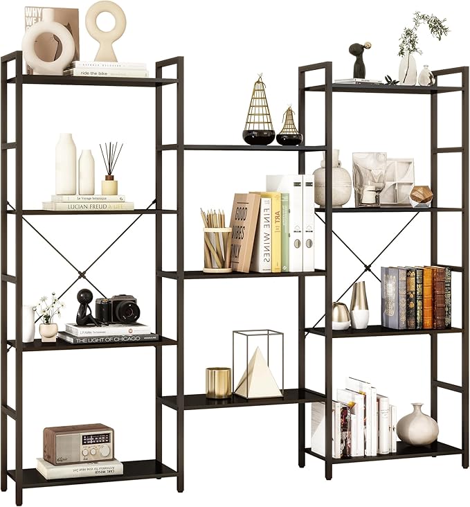 Triple 4 Tier Bookshelf, Industrial Bookcase with 11 Open Display Shelves Wide Book Shelf