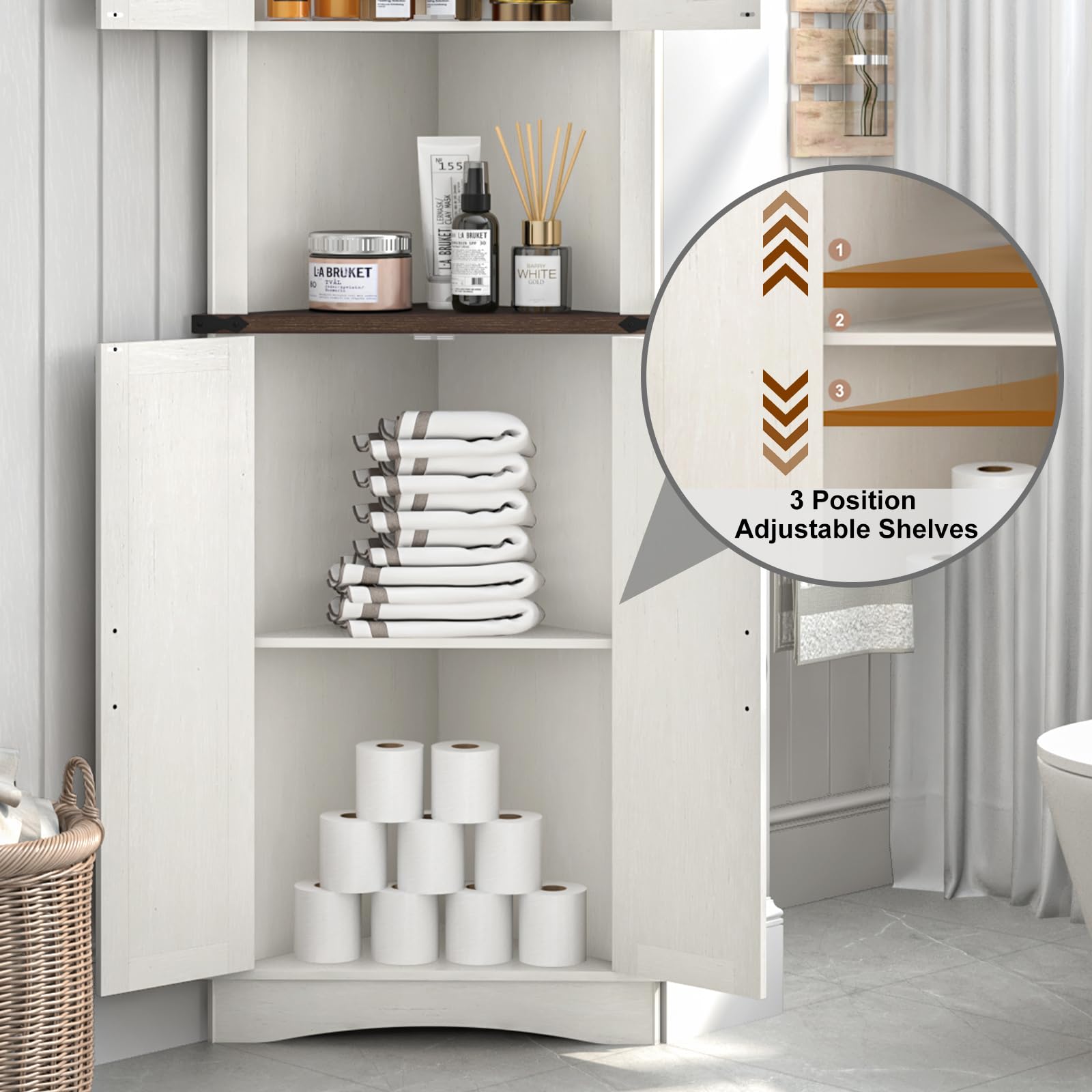68" Tall Farmhouse Corner Cabinet, 5-Tier Storage Cabinet with 4 Barn Doors & Adjustable