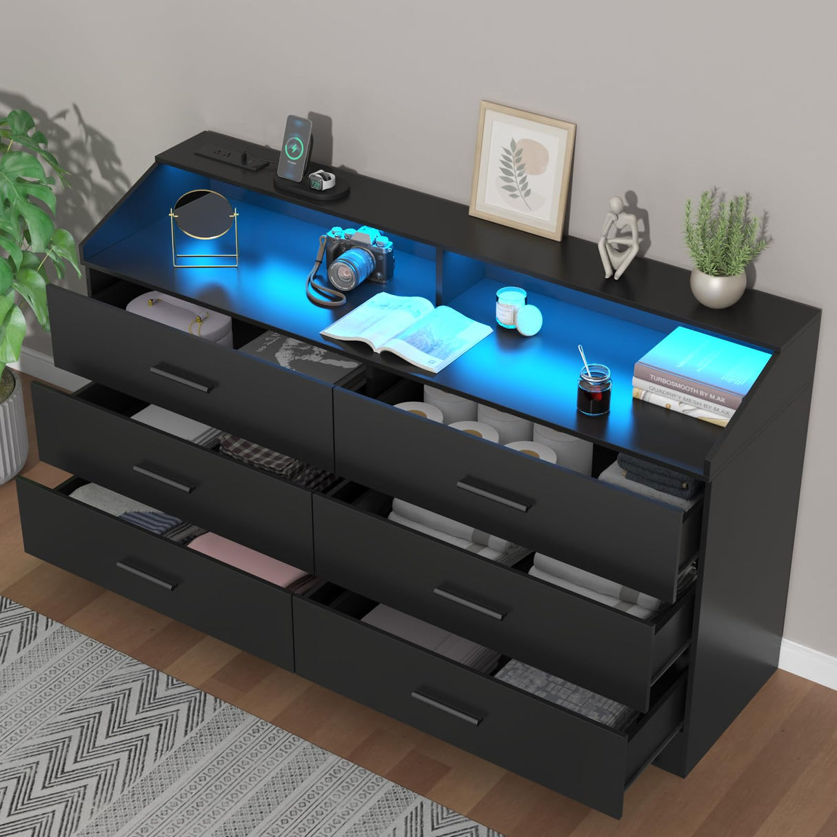 6 Drawer Dresser with Power Outlet, Chest of Drawers with LED Light