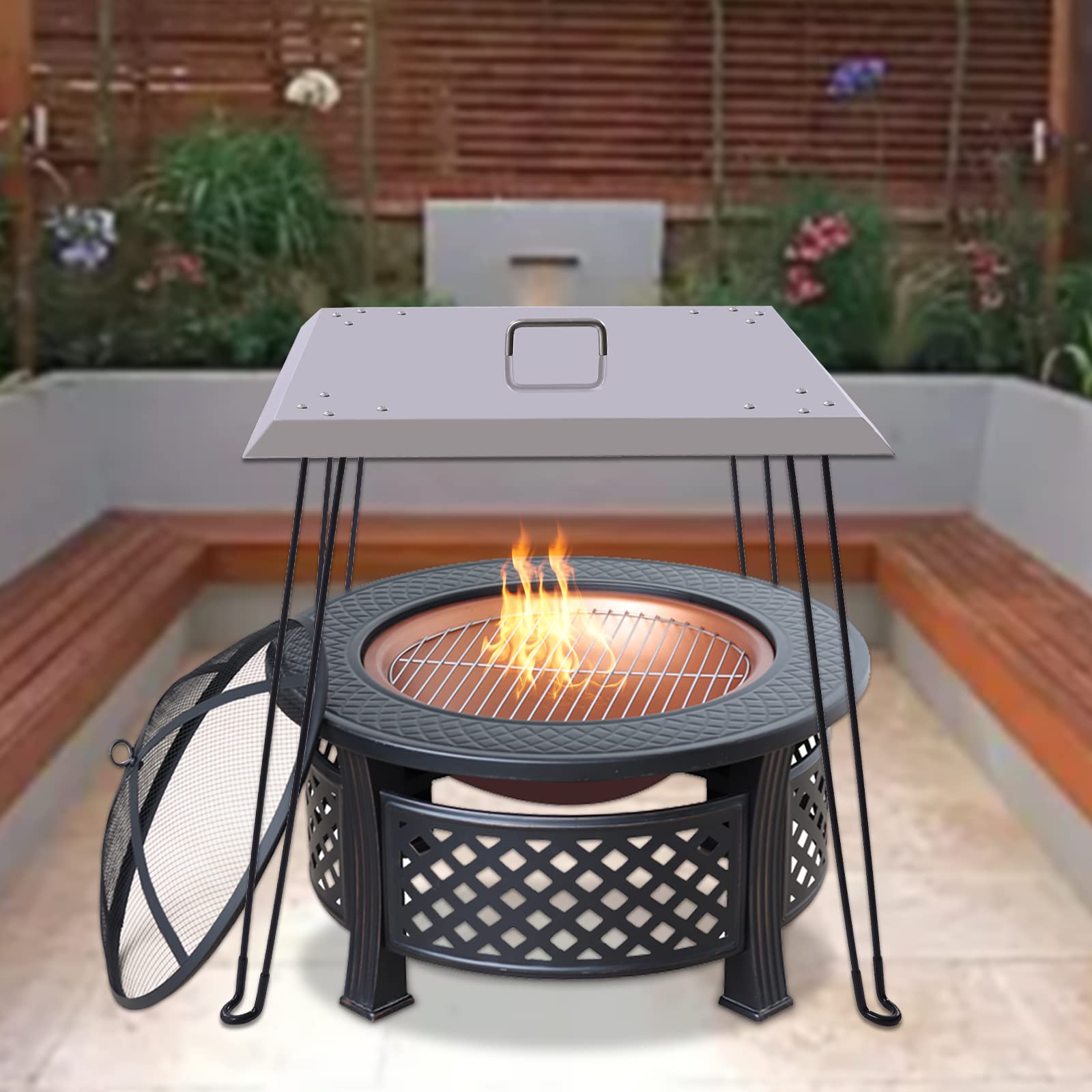 Stainless Steel Fire Pit Heat Deflector - 24x24x24 Inch Square Lid with Foldable Legs & Carrying Handle