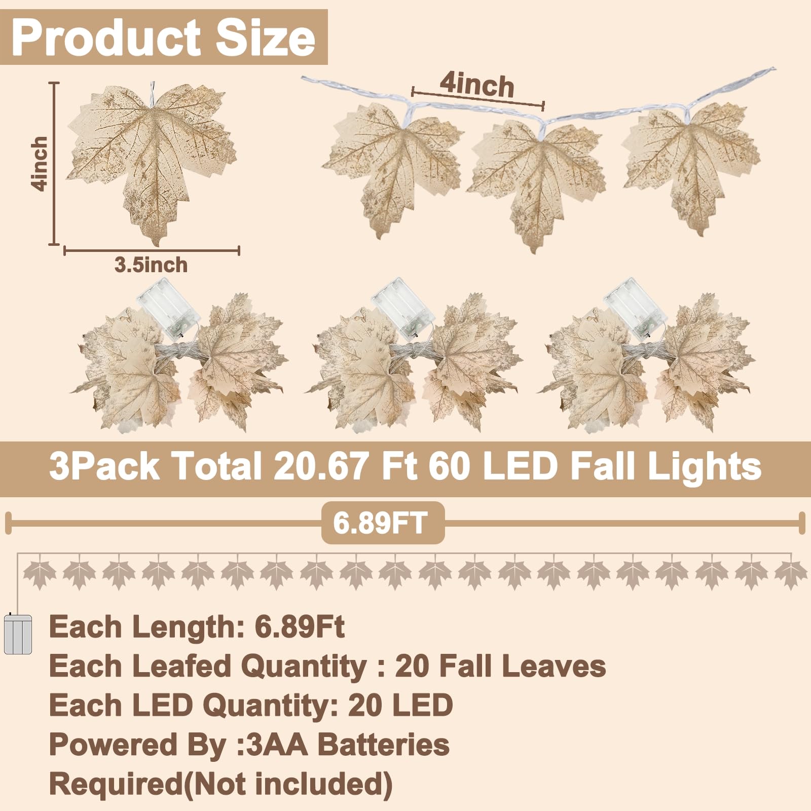 [ Timer & 3 Pack ] Fall Lighted Garland Halloween Fall Decor, 20Ft 60LED Autumn Maples