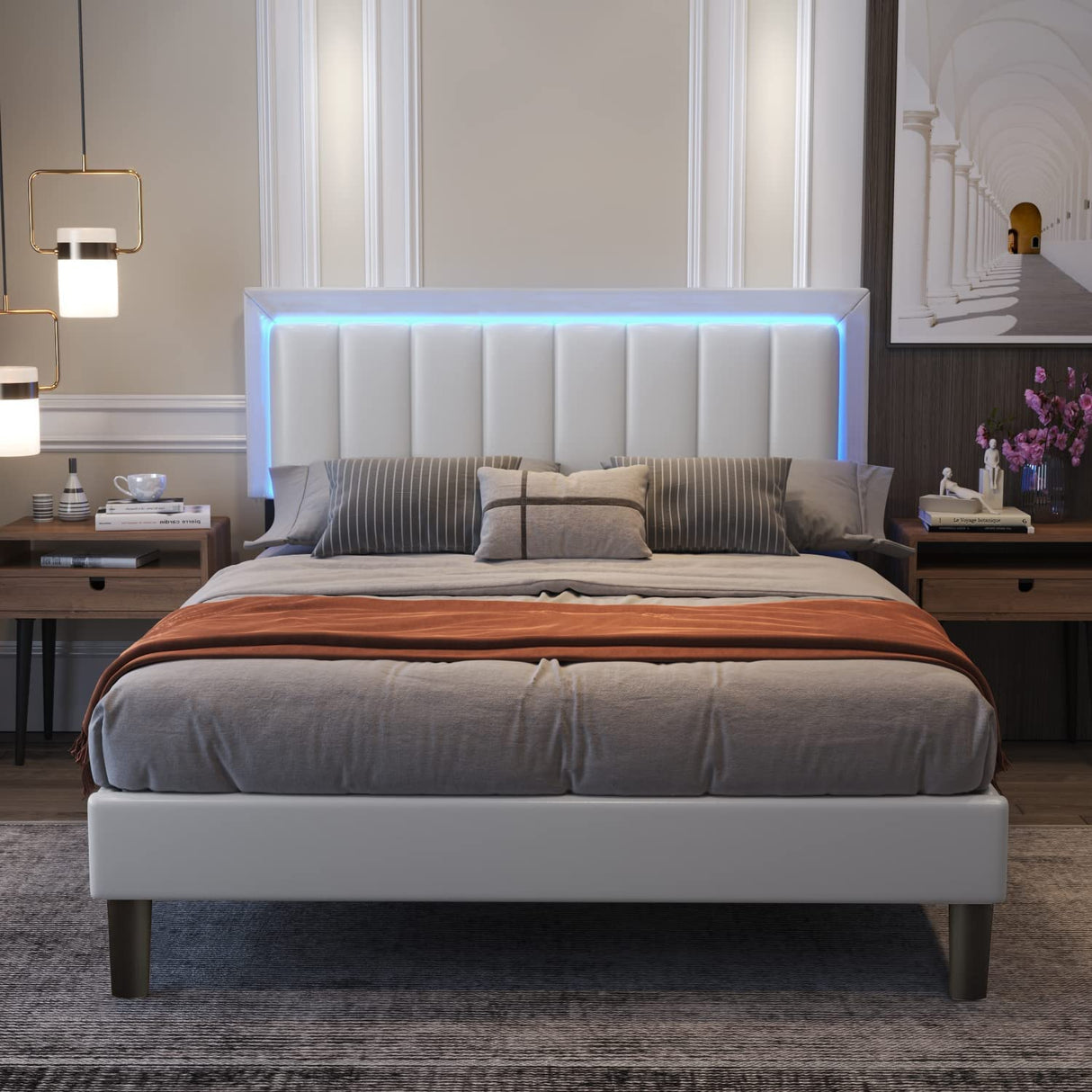 Queen Size Bed Frame with LED Lights, Upholstered Bed Frame Queen with Faux Leather
