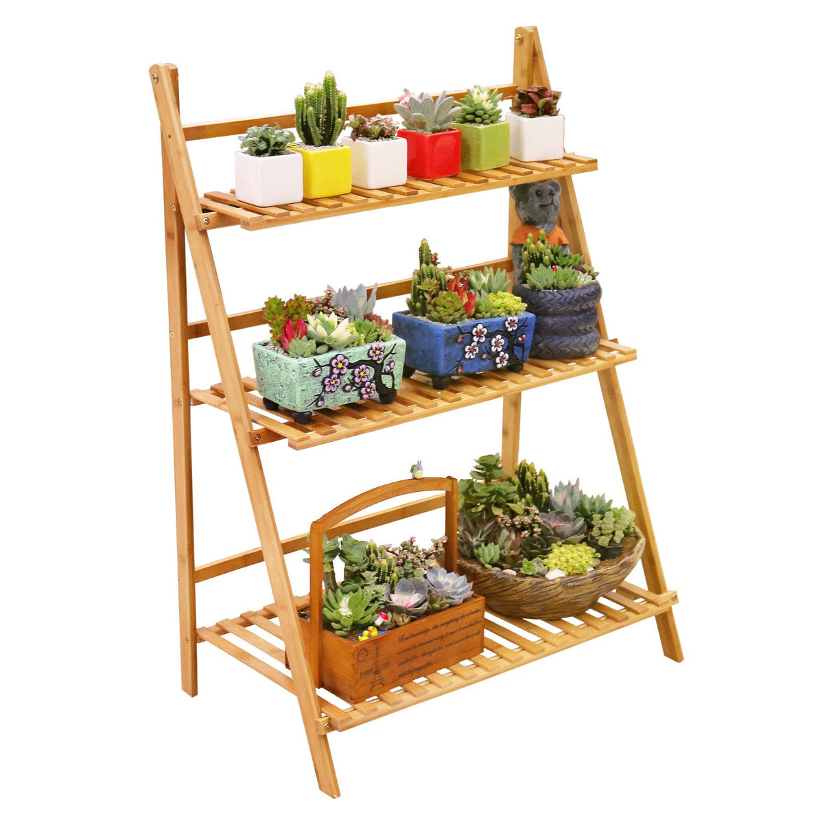 Bamboo Ladder Plant Stand 3 Tier Foldable Flower Pot Display Shelf Rack