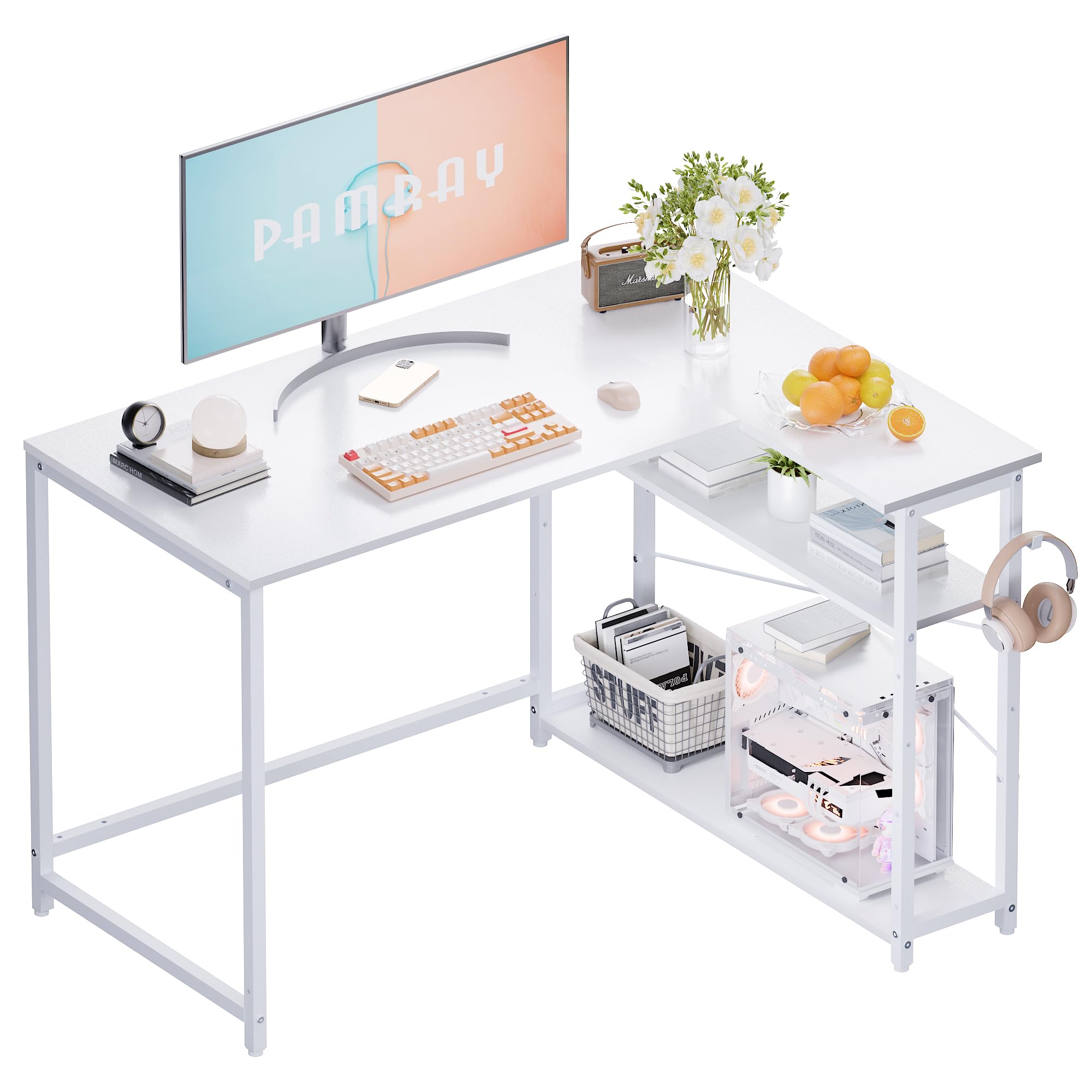 3 Inch L Shaped Computer Desk with Reversible Side Storage Shelves, Small Corner Desk for Small Space Home Office,Writing Study Table PC Desk for Bedroom,White