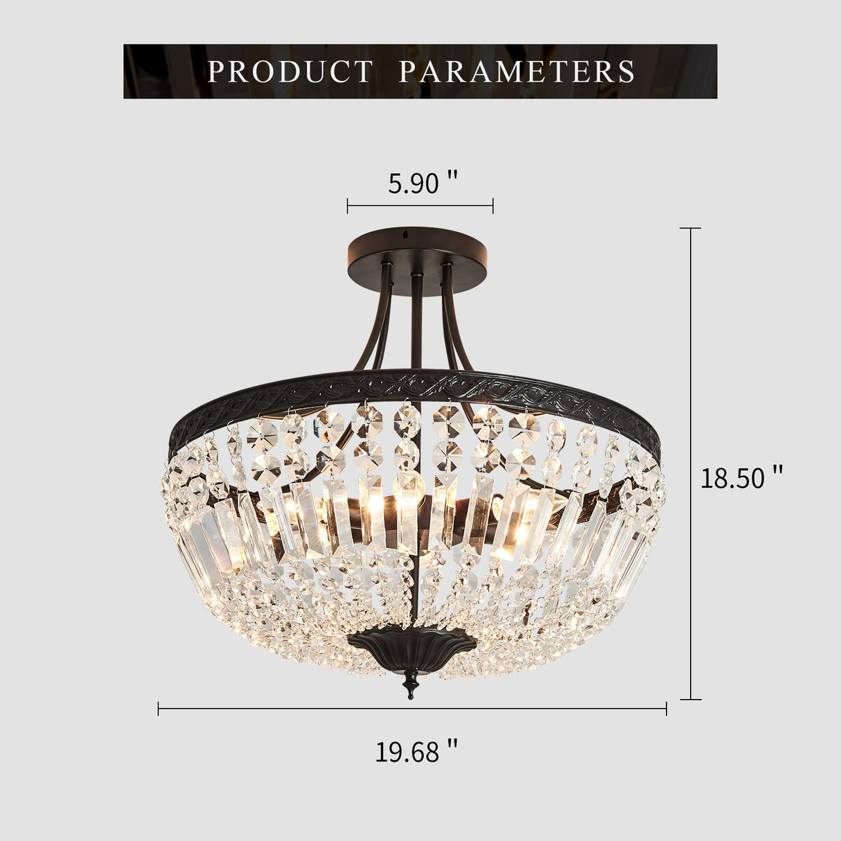 5-Light E12 Round Crystal Ceiling Light Fixture Modern Semi Flush