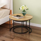 Nesting Coffee Table Set of 2, 27.6" Round Coffee Table Wood Grain Top with Adjustable Non-Slip Feet, Industrial End Table Side Tables for Living Room Bedroom Balcony Yard