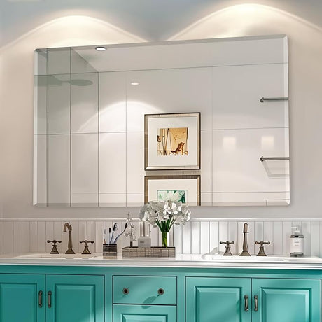 Beveled Mirror, Wall Mirror 48" x 30", Frameless Rectangle Bathroom Mirror with Beveled Edge,