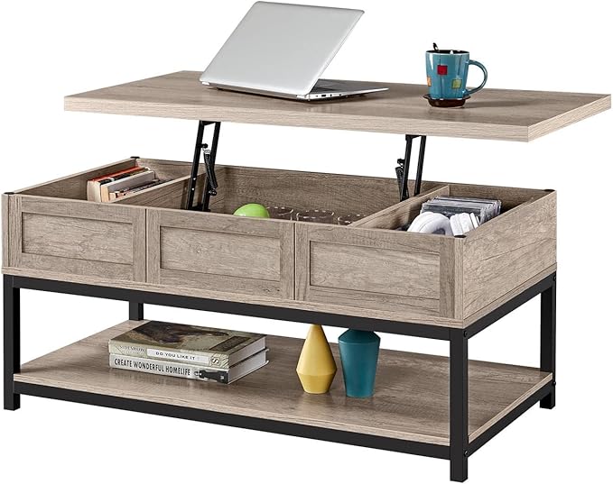 Rustic Lift Top Coffee Table w/Hidden Compartment & Open Shelf, Lifting Tabletop Coffee