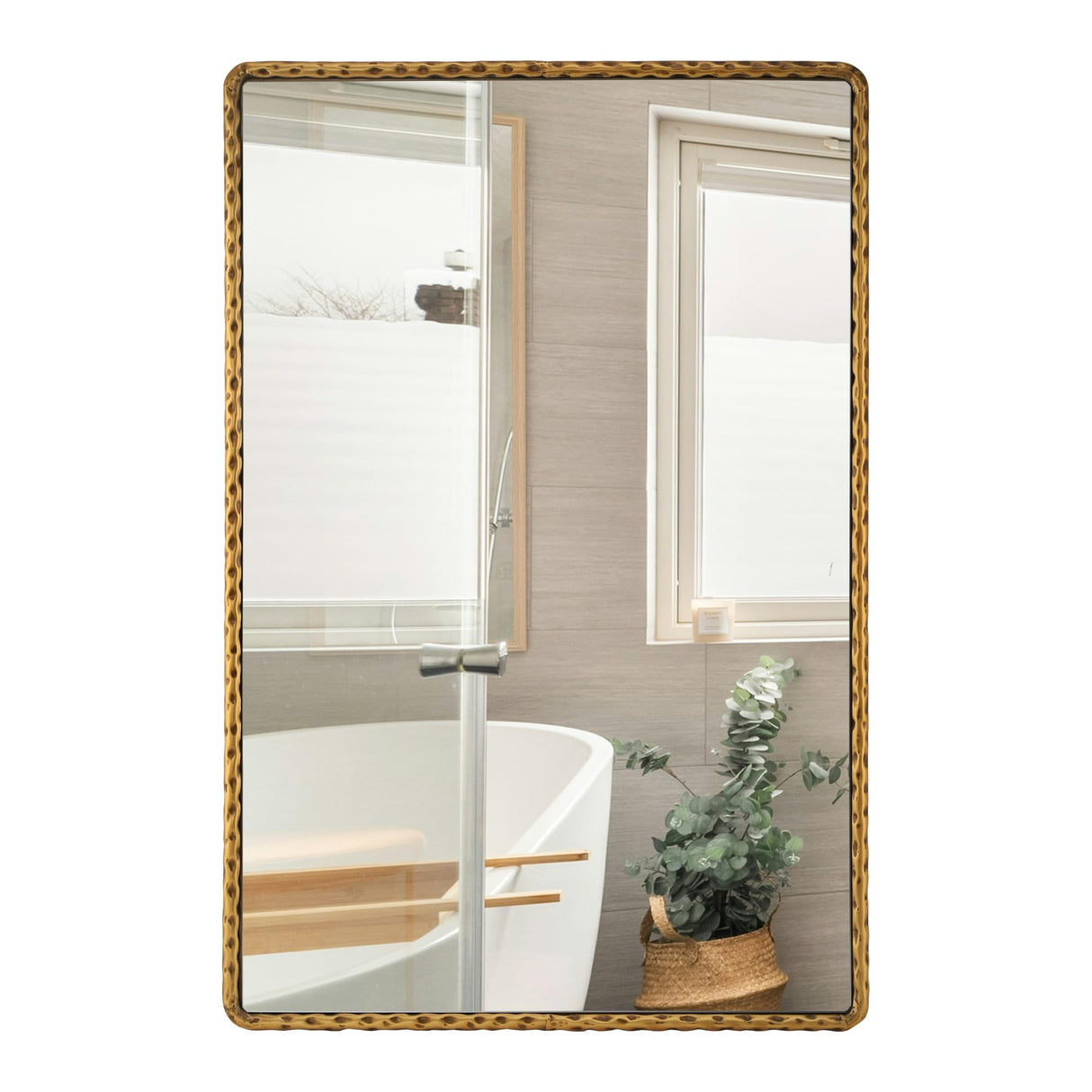 Rectangle Bathroom Mirror with Rounded Corner - Antique Gold Hammered Metal Frame 24x36