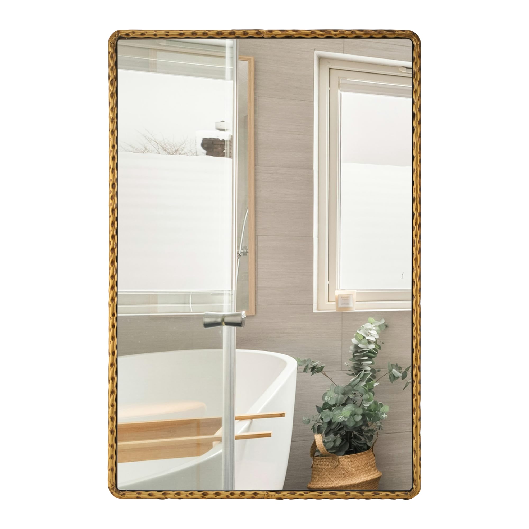 Rectangle Bathroom Mirror with Rounded Corner - Antique Gold Hammered Metal Frame 24x36