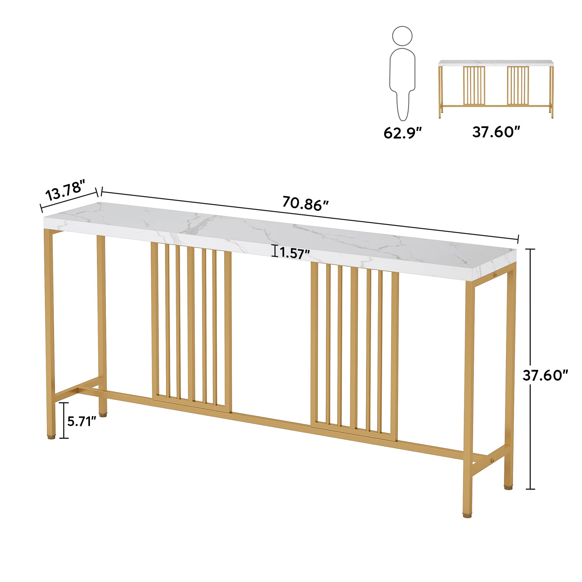 Long Sofa Console Table with a 70.9 inch Spacious Tabletop, White and Gold