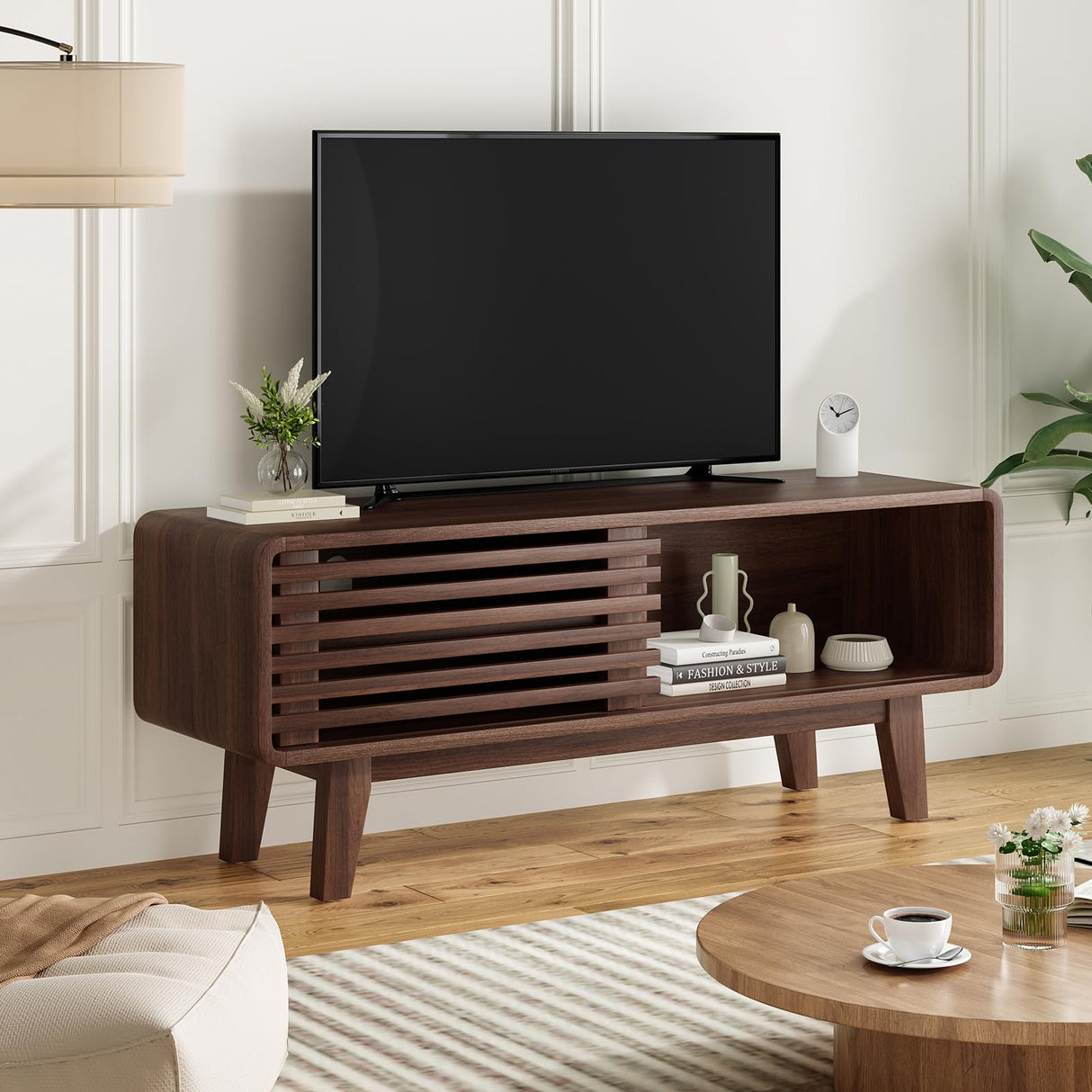 TV Stand for TV Up to 59 Inch, Entertainment Center with Storage Cabinet and Sliding Door