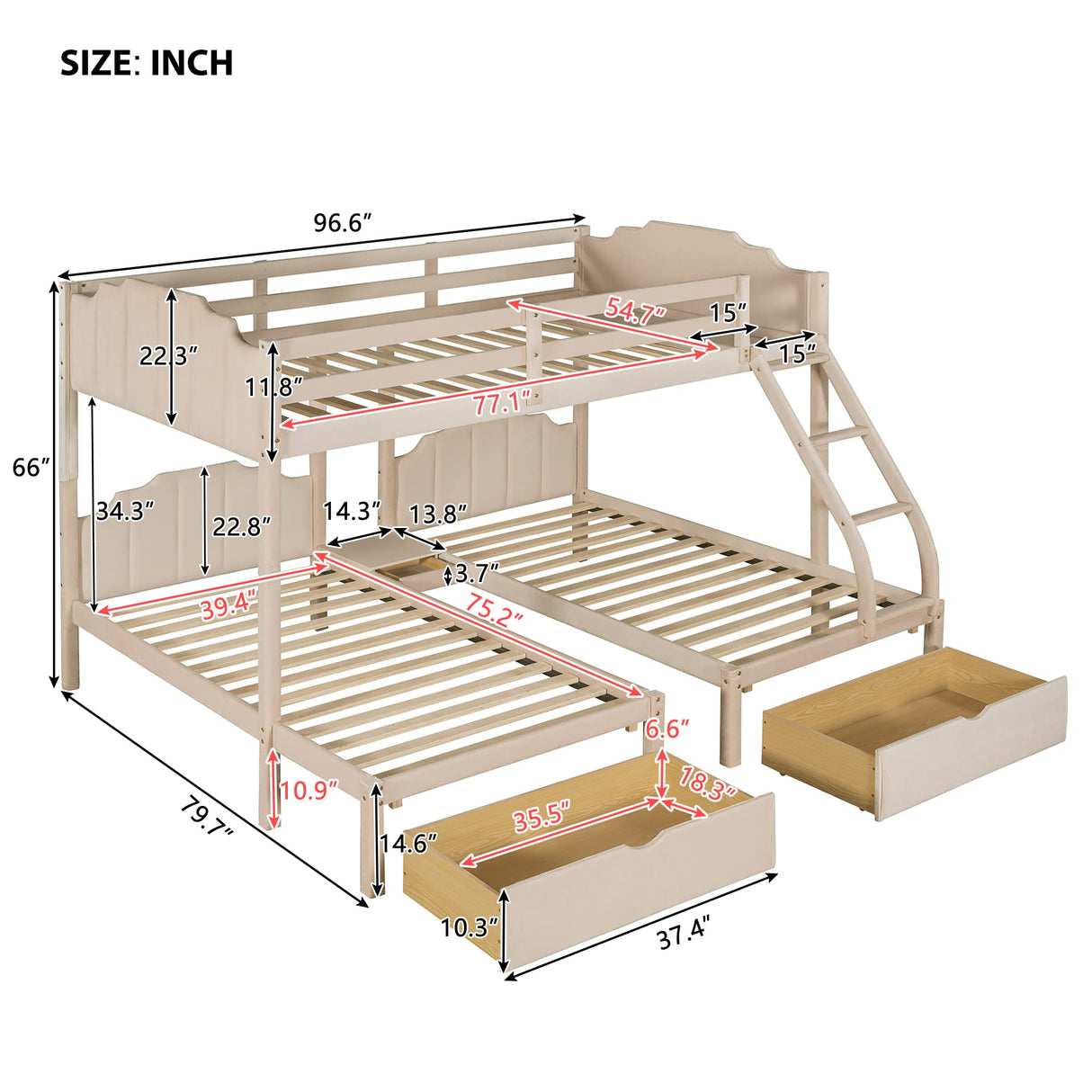 Twin Velvet Upholstered Bunk Bed with Headboard and Two Storage Drawers, Triple Bunk