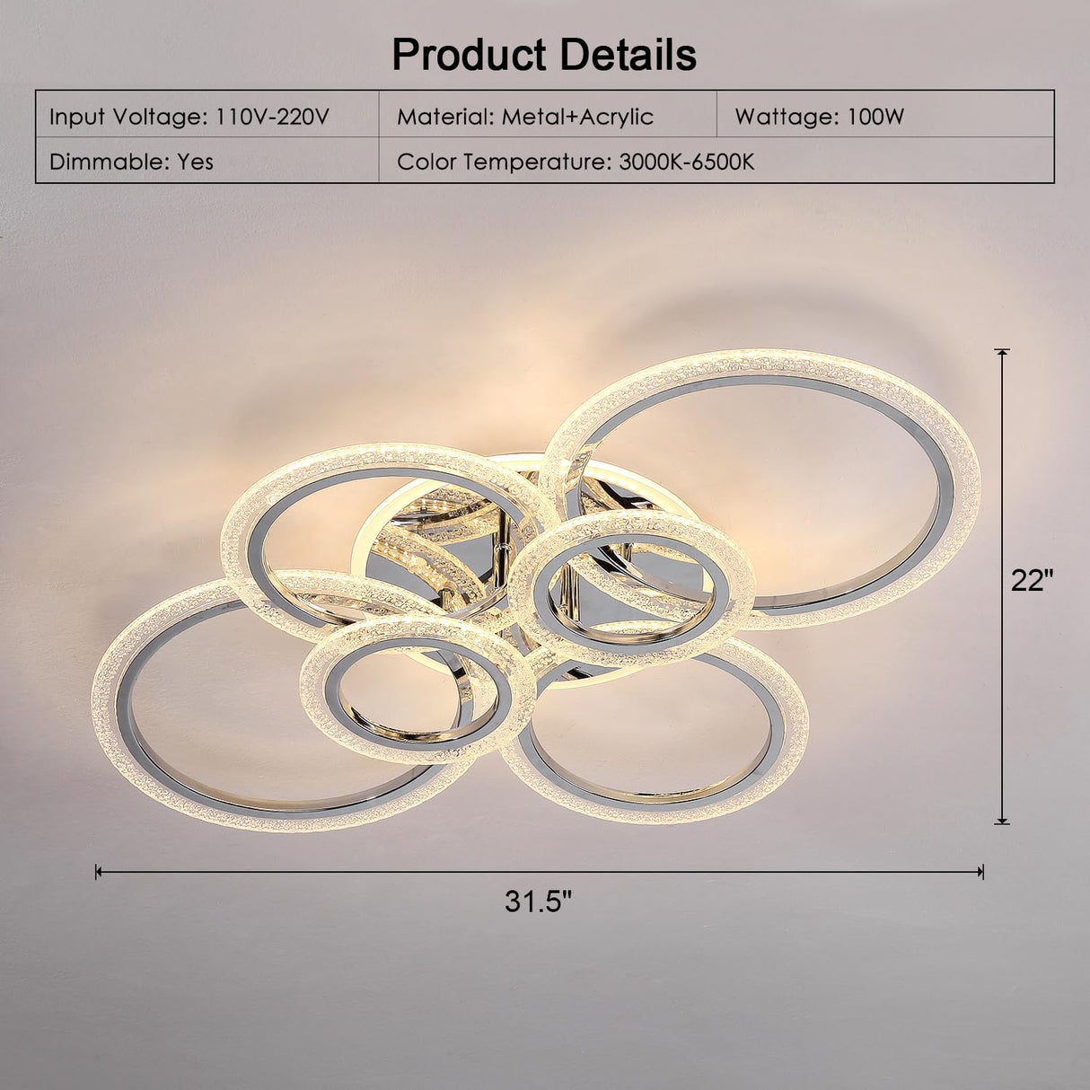 6-Rings LED Modern Ceiling Light Dimmable with Remote for Living Room, 31.5’’