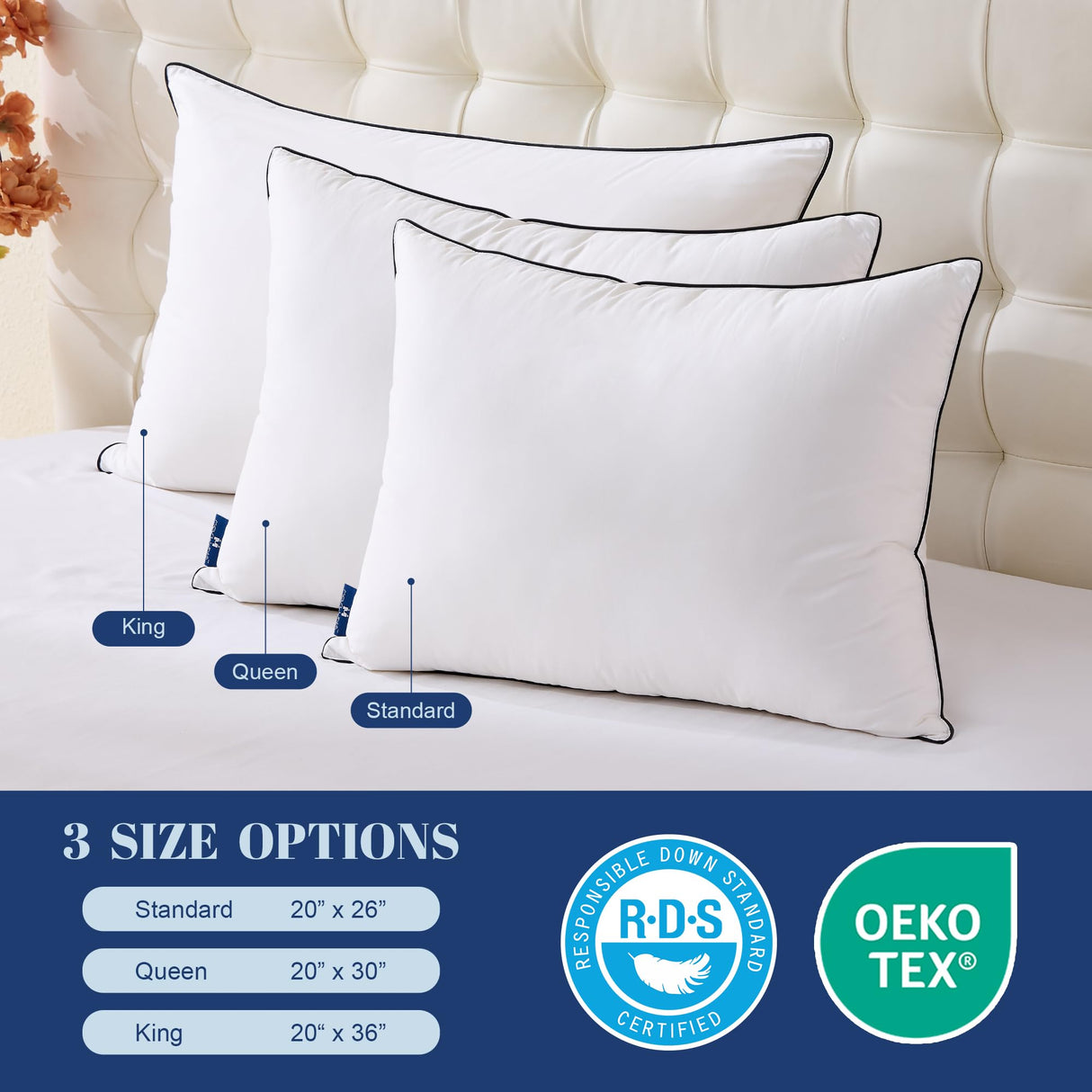 Goose Down Pillows Queen Size Set of 2, Luxury Hotel Collection Bed Pillow 2 Pack